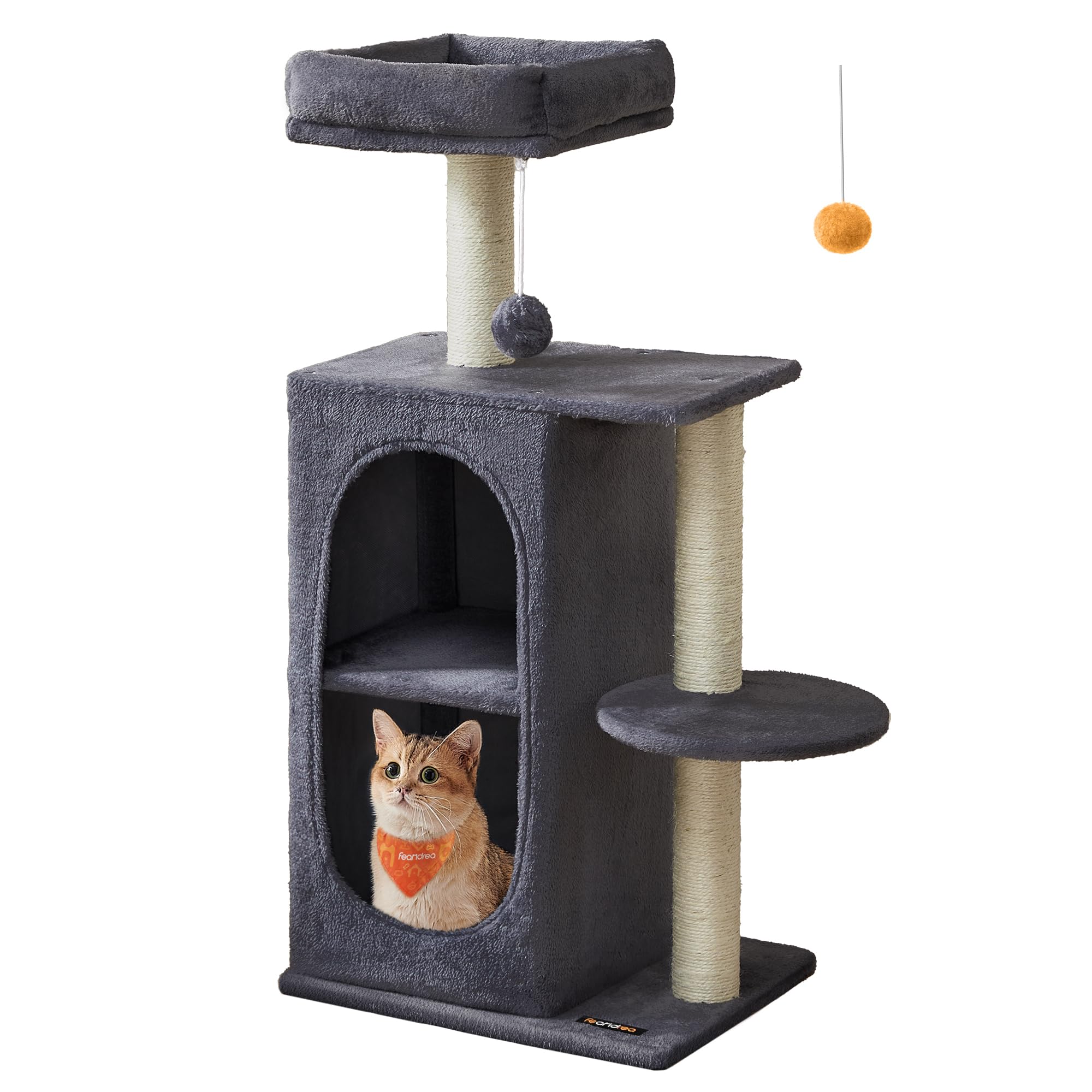 Feandrea Cat Tree, Small Cat Tower for Indoor Cats, Plush Cat Caves with Perch, Scratching Posts, for Small Spaces, Kittens, Dark Gray UPCT005G02 M (17.7"L x 13.8"W x 38.2"H) Dark Gray