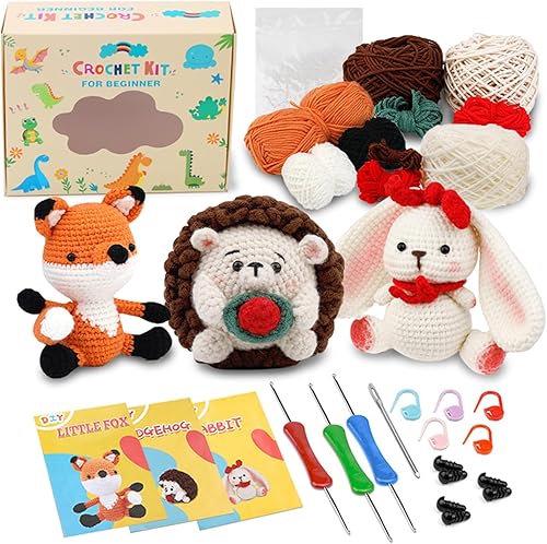 Eugioove Kit de ganchillo para principiantes, 3 patrones de animales zorro, erizo, conejo, kit de tejido para adultos y niños con tutoriales en