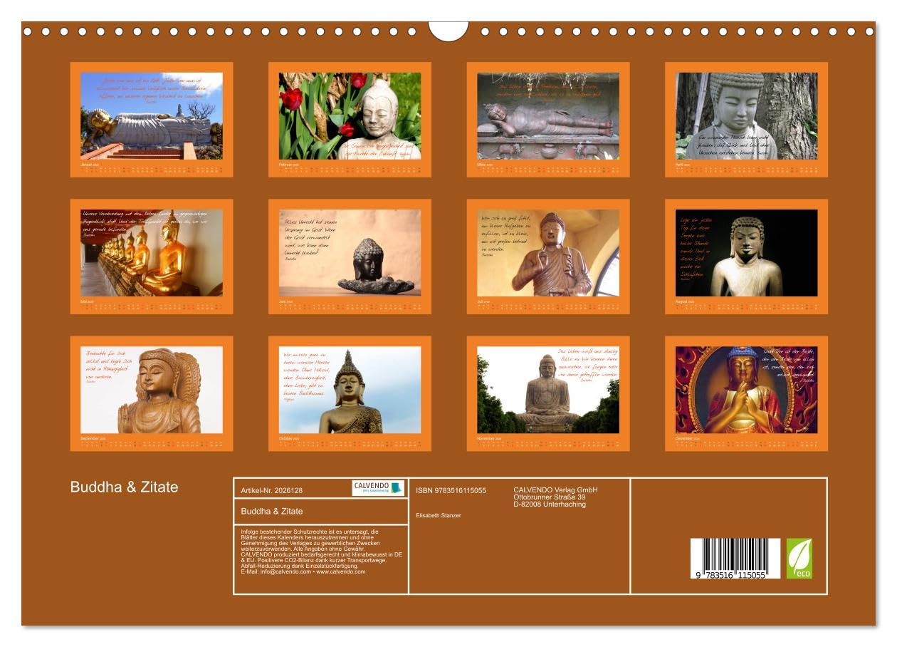 Buddha & Zitate (Wandkalender 2026 DIN A3 quer), CALVENDO Monatskalender: Buddha-Statuen und weise Zitate für ein positives Lebensgefühl