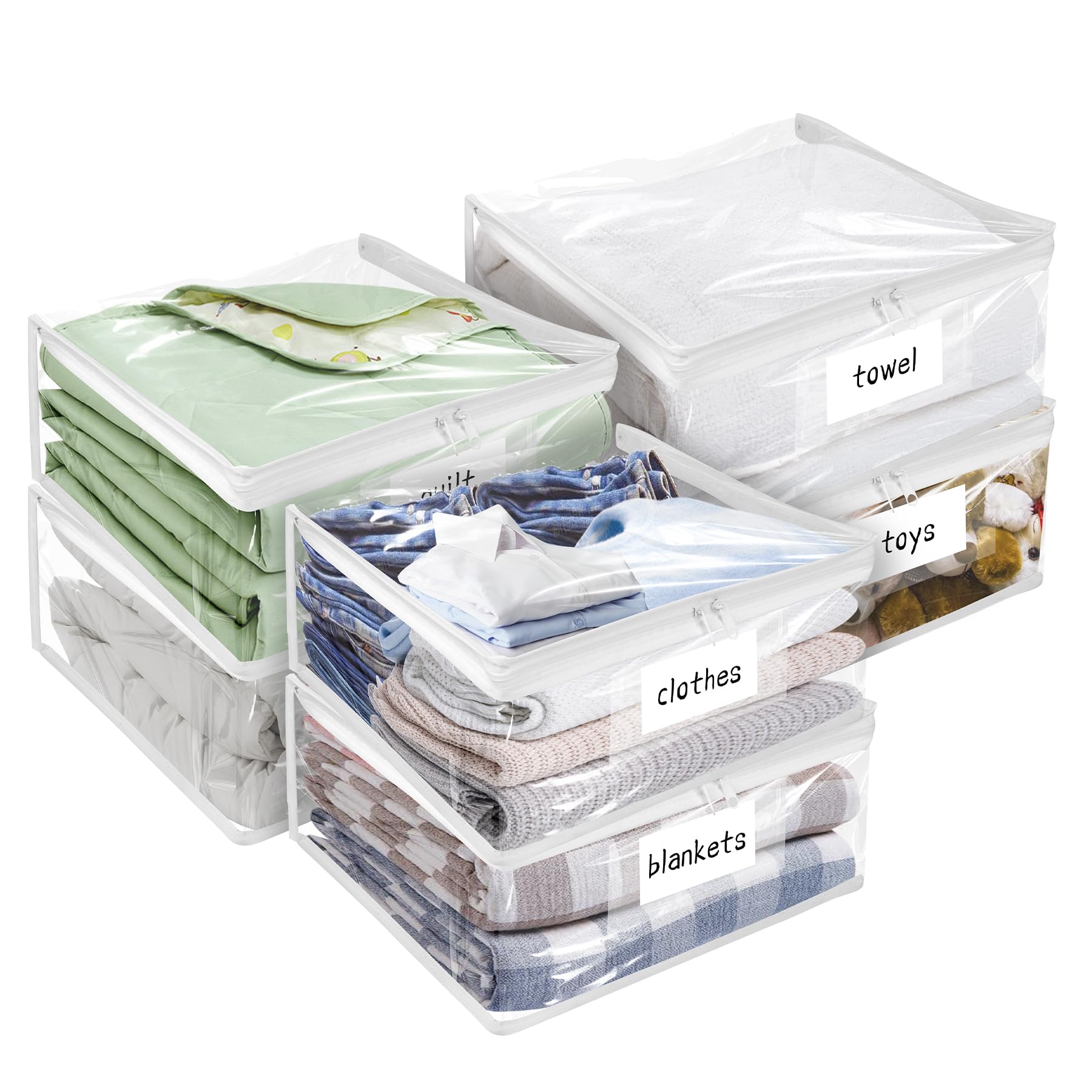 Plastic Storage Bags with Easy-Glide Zipper, Pack of 6, Durable Clear Vinyl Zippered Storage Bags for Clothes Sweaters Comforters Blankets Sheets Bedding (12 x 12 x 3.9 Inch, White)