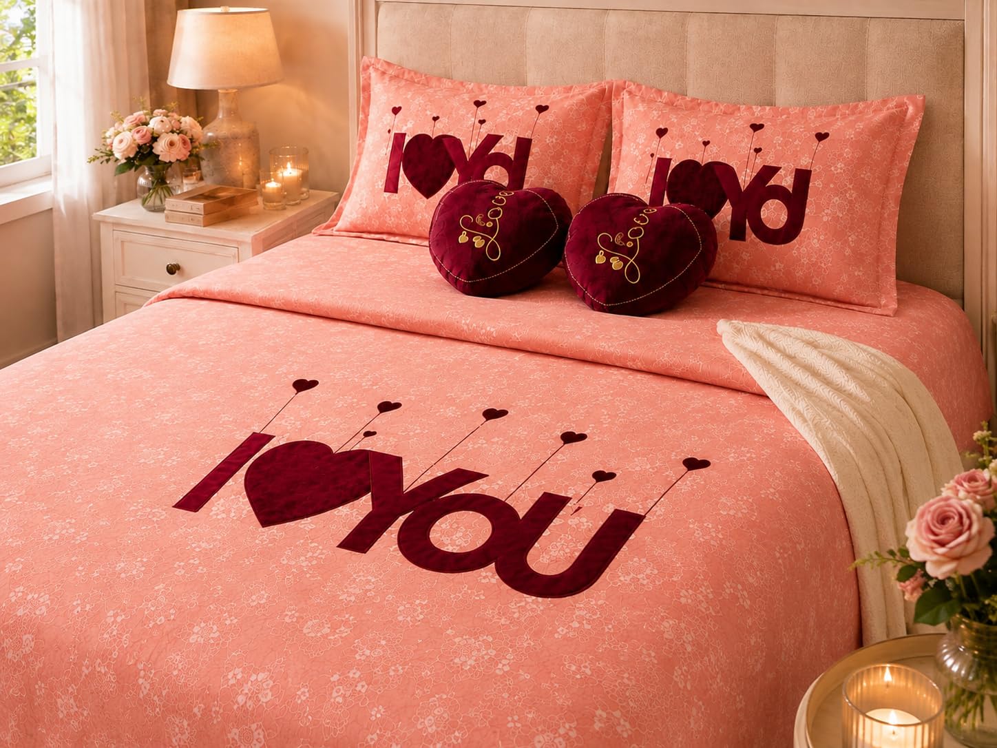 Softly Studio Double Bedding Set – I Love You Design | Queen Size (90 x 100 Inches), Soft Glace Cotton Bedsheet, 2 Quilted Pillow Covers & 2 Heart Cushions, Patch Print-image-10