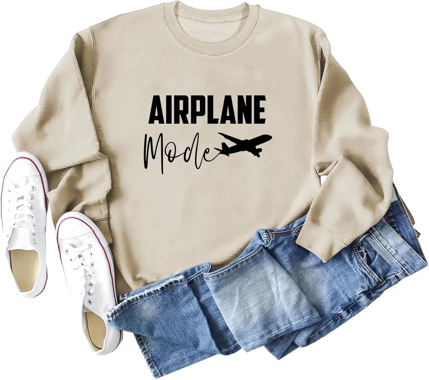 Women Airplane Mode Sweatshirt Funny Letter Print Travel Tops Casual Long Sleeve Spring Fall Pullover Top - Image 4