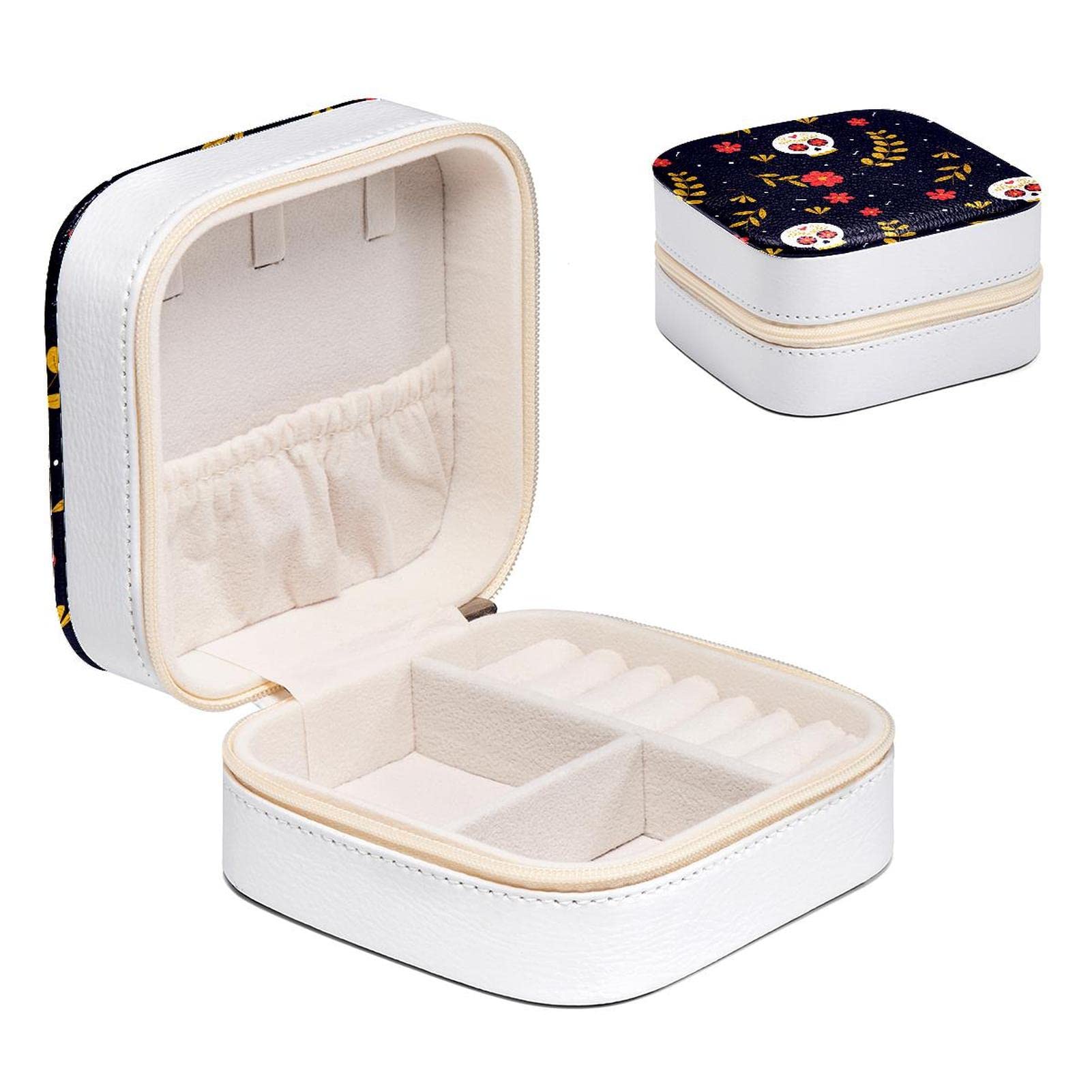 Boîte à bijoux pour femme motifs crânes fleurs, organisateur boucles d'oreille et colliers