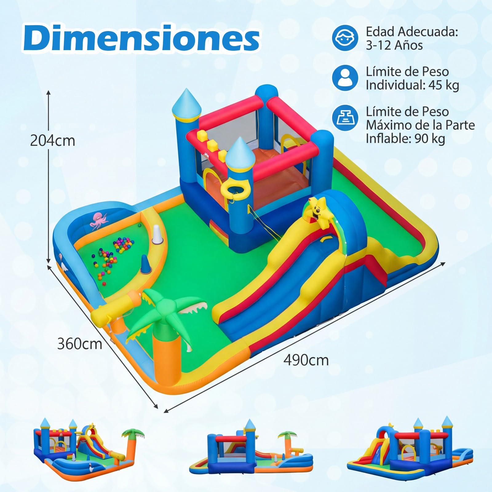 COSTWAY Castillo Hinchable, Parque Infantil con Temática de Playa con Muro de Escalar, Cañón de Agua, Pelotas Oceánicas, Fútbol, Baloncesto, Voleibol, Castillo Inflable al Aire Libre (sin soplador)