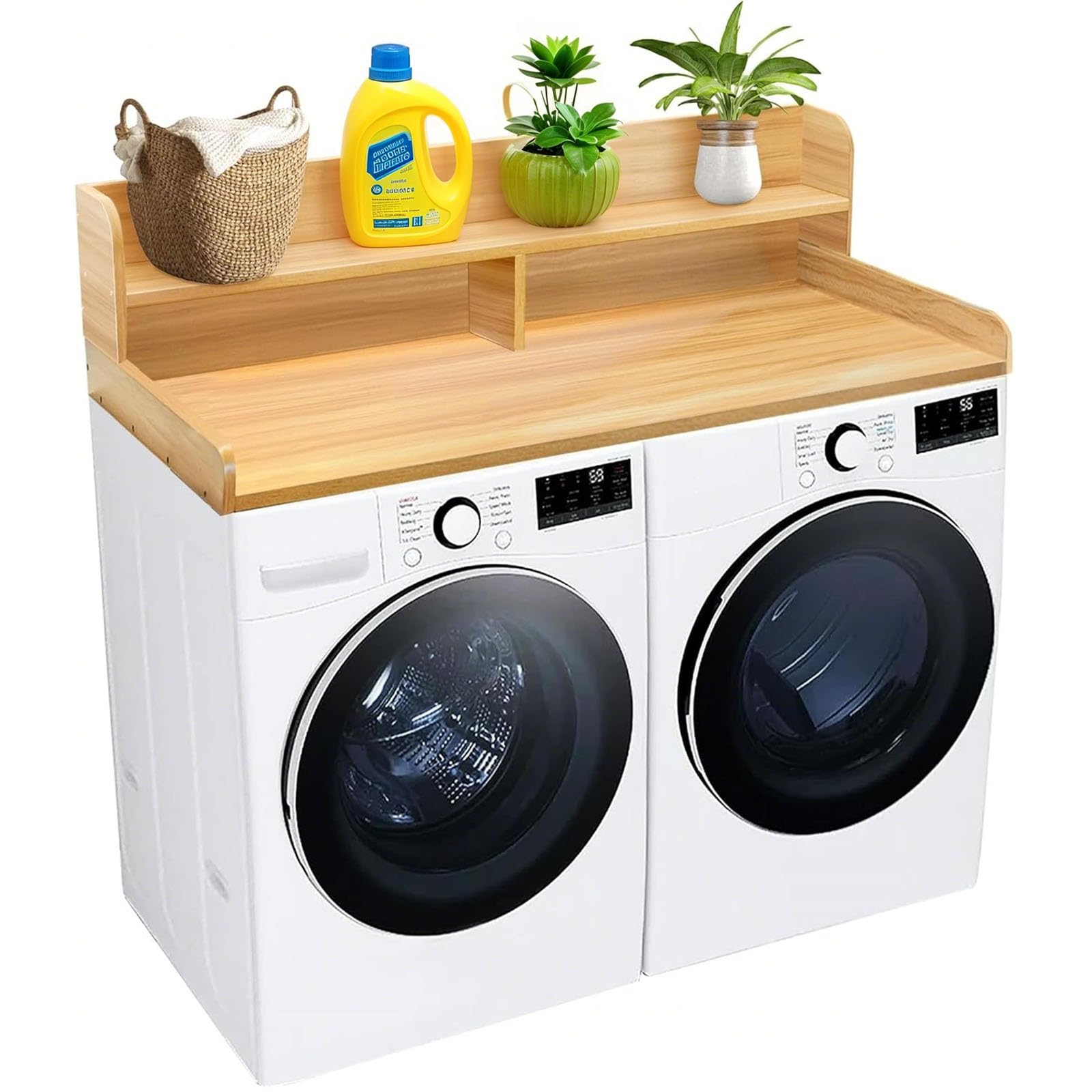 Washer Dryer Countertop with 2-Tier Shelf, Wood Laundry Topper Over Washer and Dryer for Laundry Room Storage and Organization