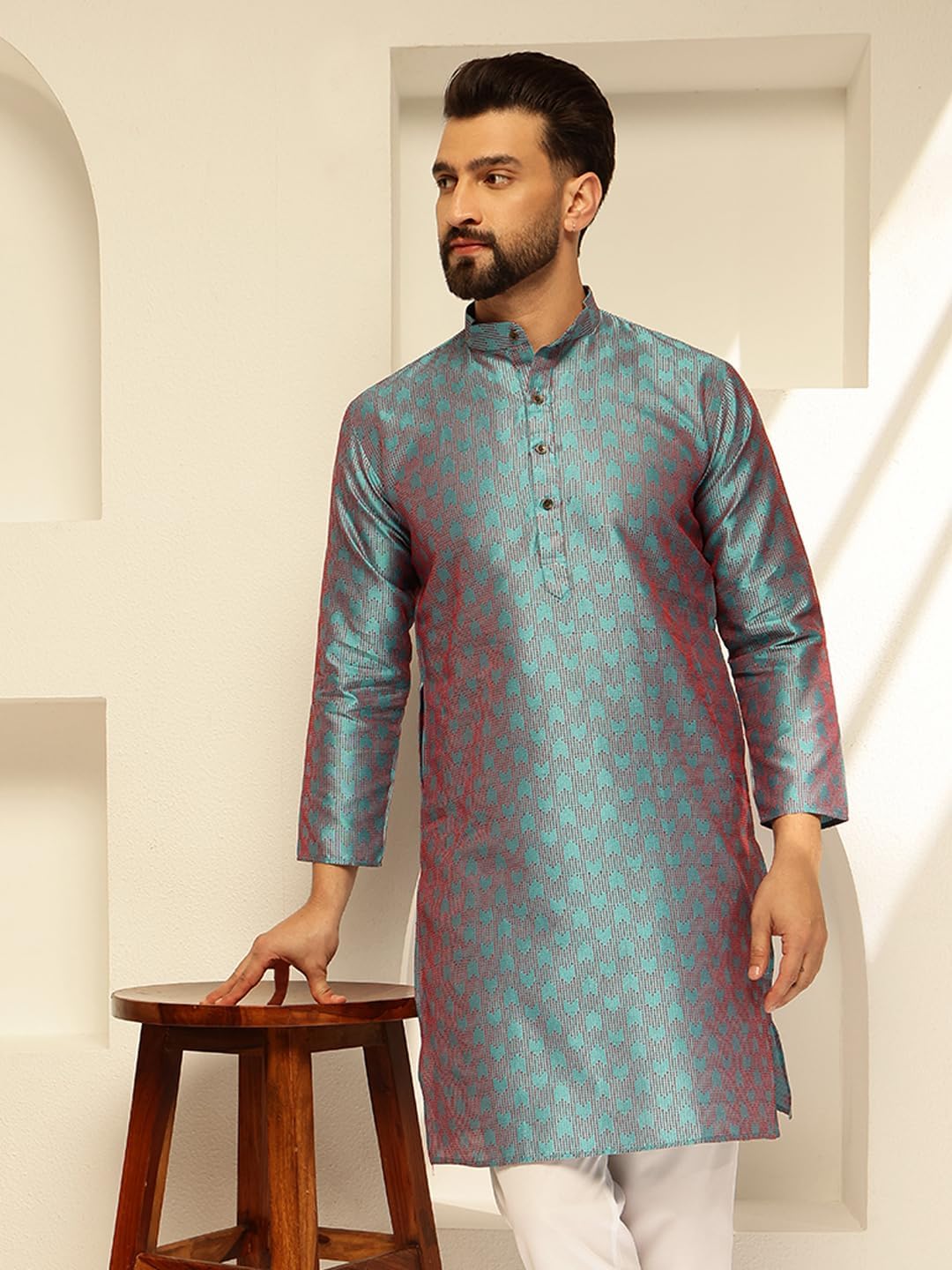 Sojanya (Since 1958 Men'S Jacquard Silk Contrast Red Thread Woven Design Long Kurta - Image 5