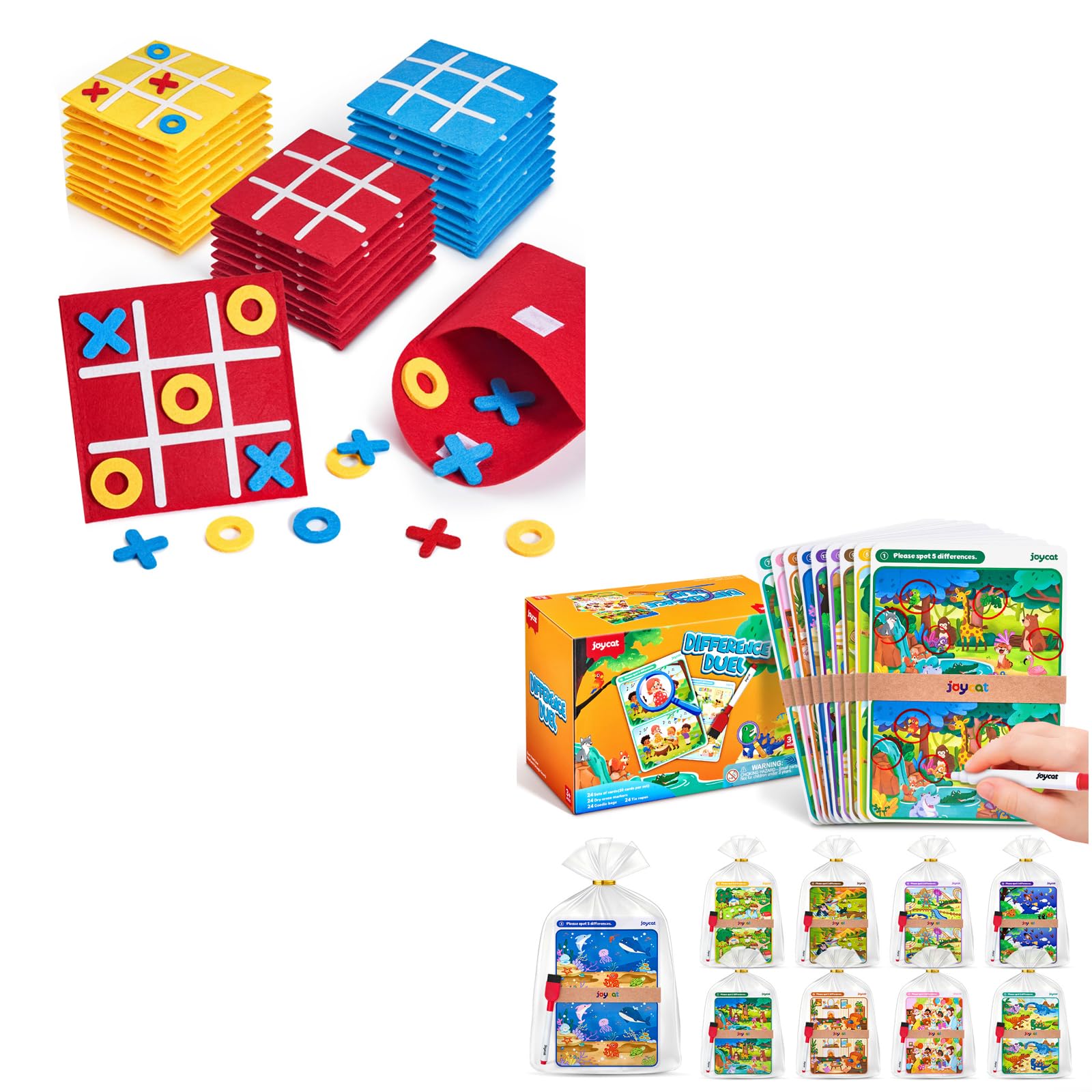 JoyCat Party Favors for Kids Spot the Difference 24 Pack Felt Tic-Tac-Toe 48 Sets, Dry-Erase, Individually Packed for Parties, Classroom and Goodie Bags