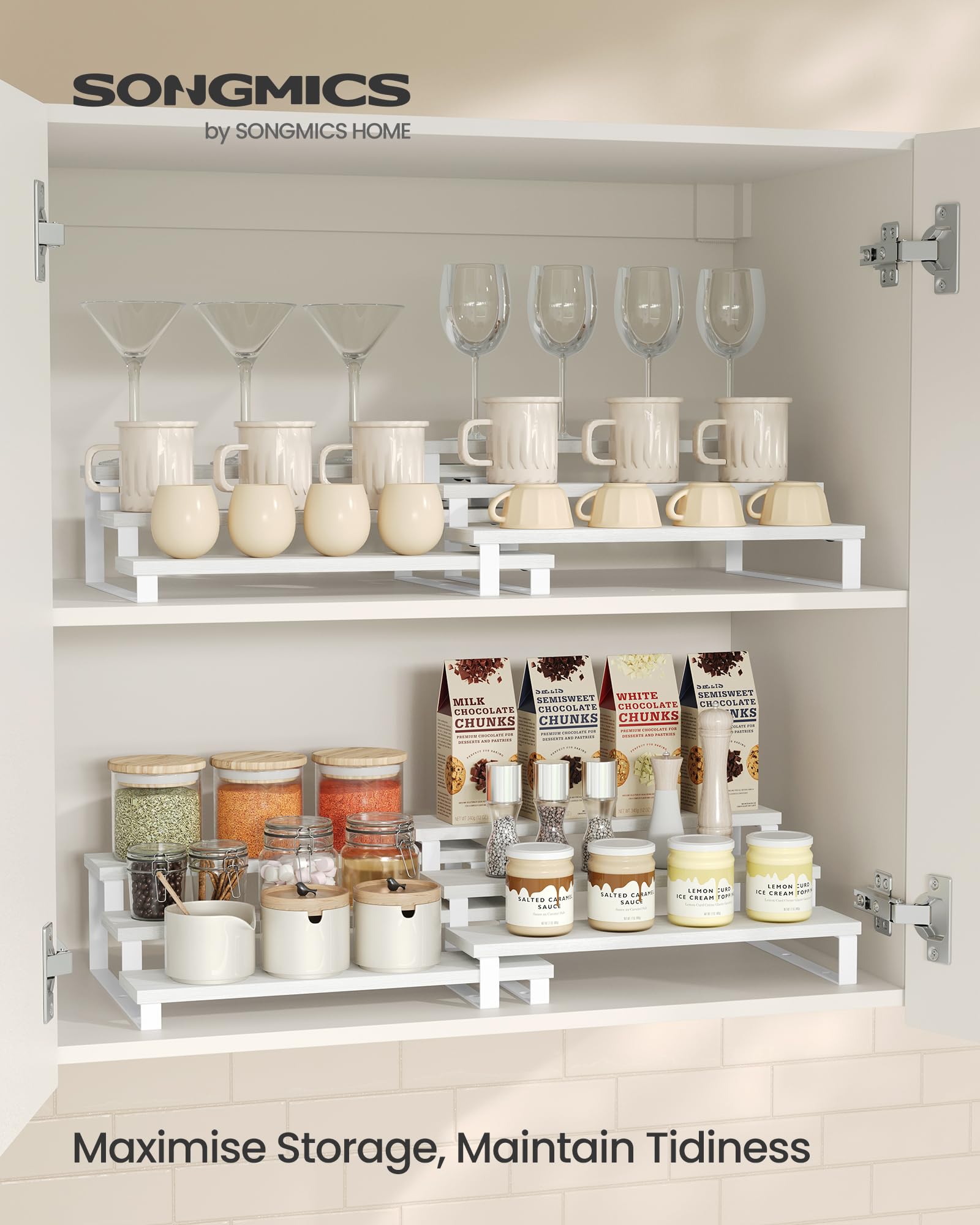 SONGMICS Spice Rack, Set of 2 Cabinet Shelf Organisers, 3-Tier Extendable Spice Holder, Engineered Wood, Stackable - Image 2