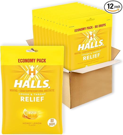 HALLS Relief Honey Lemon Cough Drops, Economy Pack, 12 Packs of 80 Drop Bags (960 Total Drops)