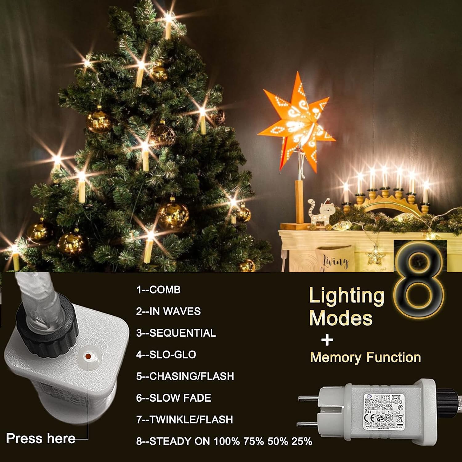 Gresonic Catena luminosa con candele a LED, bianco caldo (bianco caldo, 30 LED)