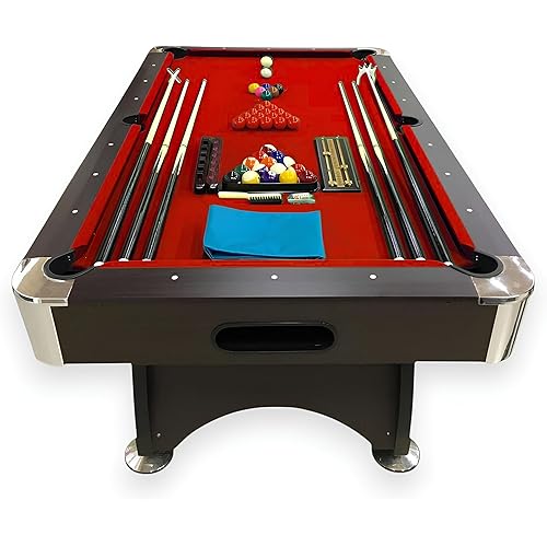 7 Foot Pool Table – Modern Billiard Table with Red Felt, Ball Return and Accessories Included - Red Devil