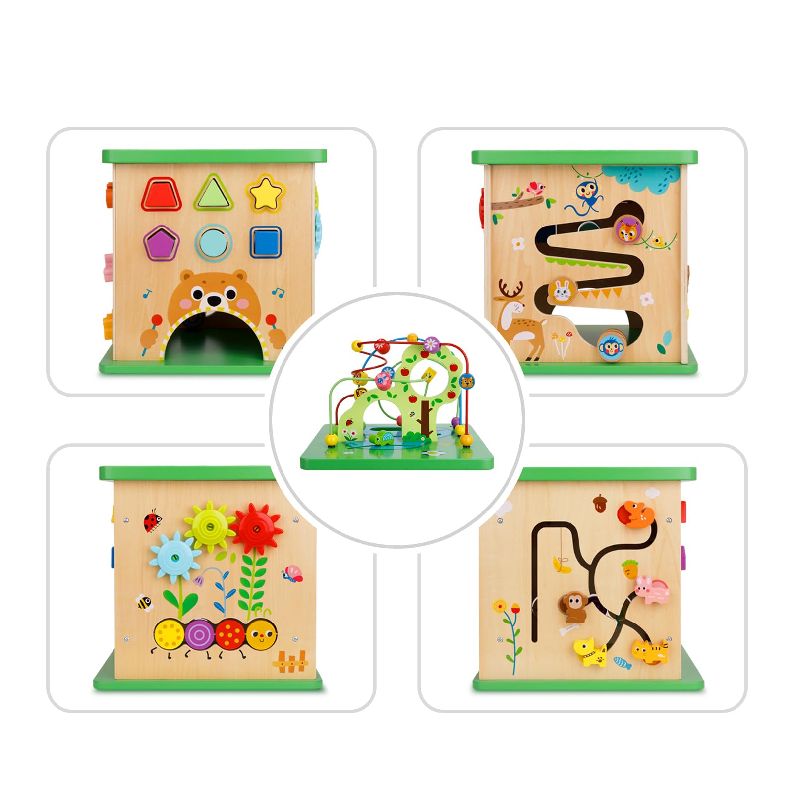 OOOK 5 in 1 Motorikwürfel, Motorikwürfel Groß aus Holz 58,5 X 33 X 33, Activity Board Tisch mit Motorikschleife, Motorikspielzeug für Kleinkinder