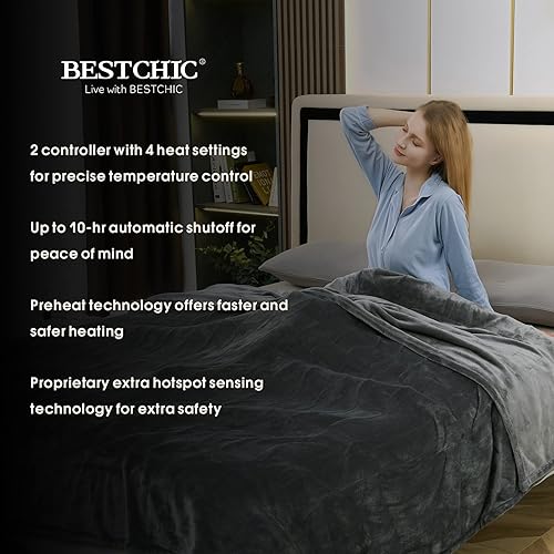 Miniatura 4 de Manta térmica eléctrica tamaño Queen de 84 x 90 pulgadas, manta de calentamiento rápido 100% franela suave de poliéster, 4 niveles de calefacción 10