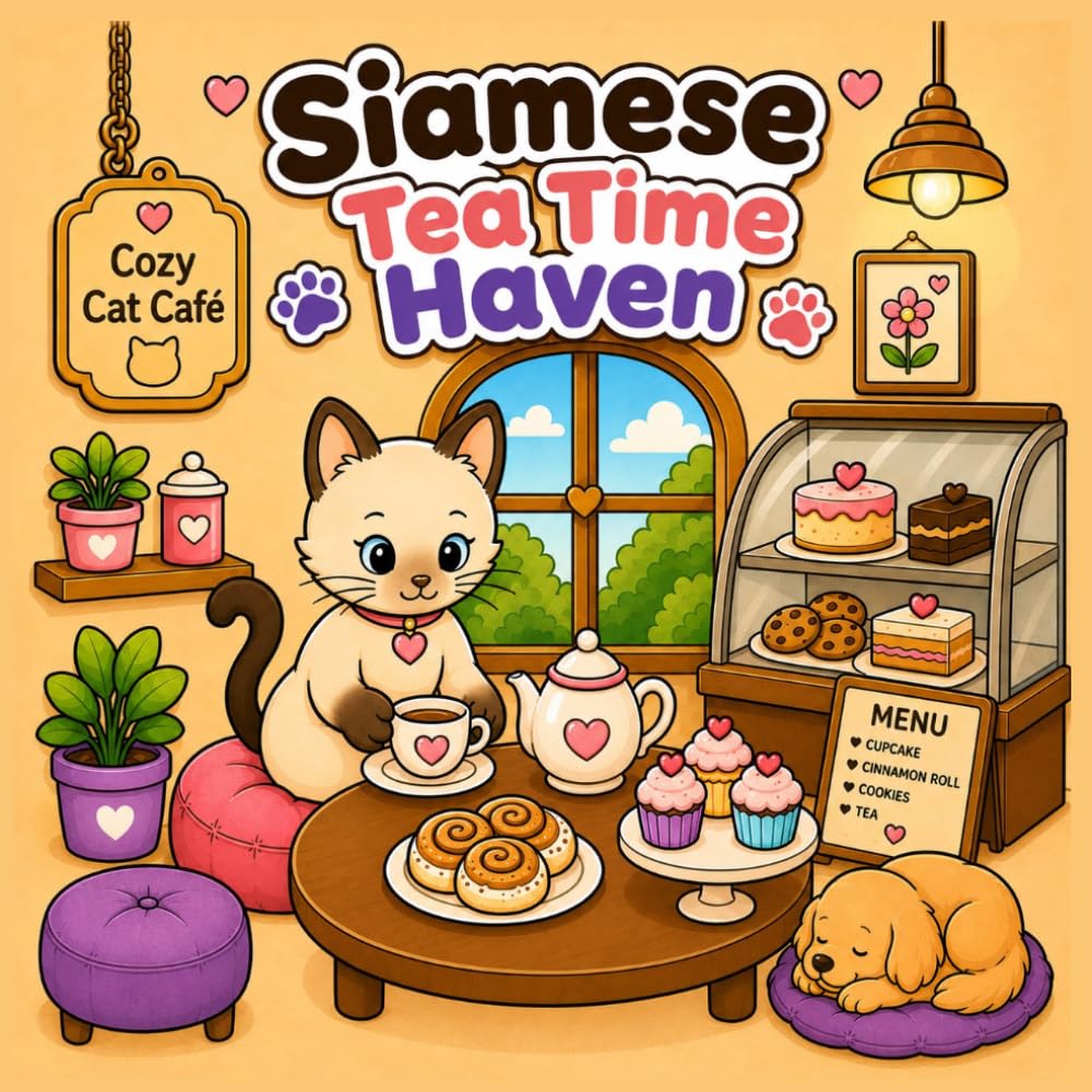 Siamese Tea Time Haven: A Cozy Cat Café Coloring Book for Stress Relief (A Bold and Easy Coloring Book)