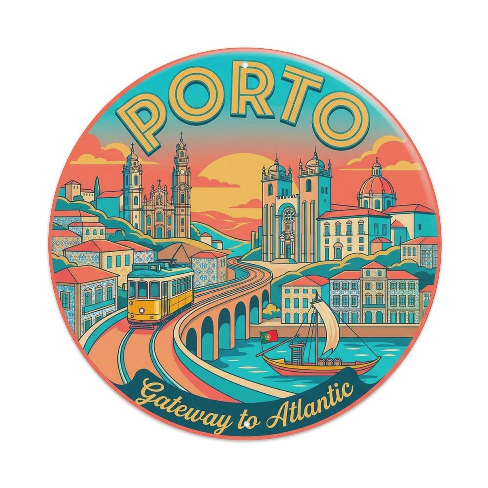 Portuguese Coastal Heritage Historic Tourism Classic Metal Tin Sign Plaque Wall Decor for Cafe, Man Cave, Club Bar, Office, Home Garden Round Metal Poster 8x8Inch