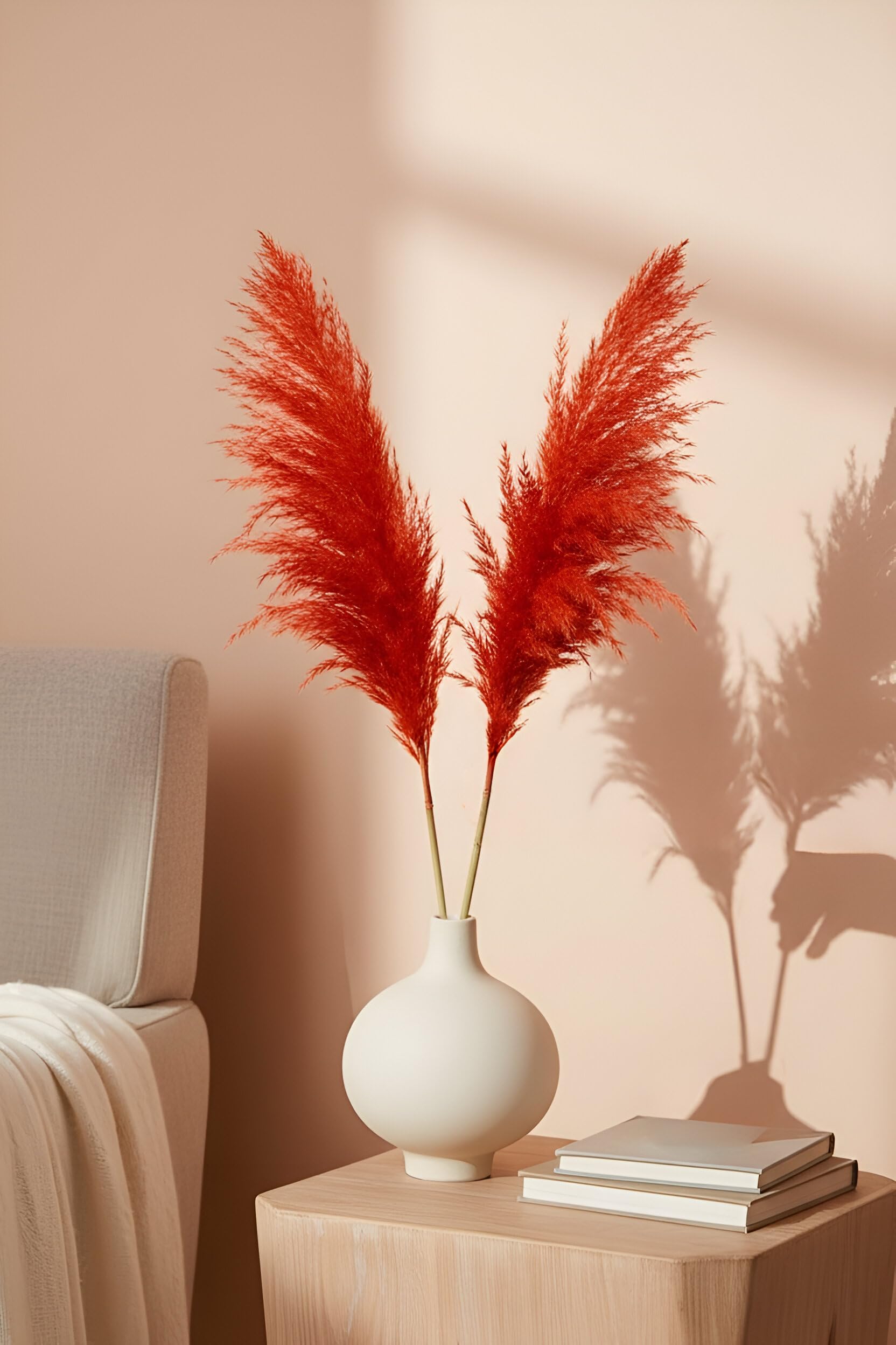 Versailles Extra Fluffy Orange Pampas Grass - 5 Piece Preserved Orange Pampas Plumes for Boho Home Decor, Tall Vase Filler, and Modern Wedding Table Centerpieces-image-1