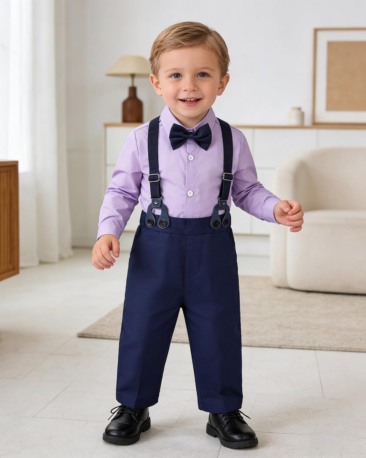 SANGTREE Baby Suits for Boys Gentleman Wedding Outfits Long Sleeve Dress Shirt Suspender Pants Bowtie Boy Clothes Set, 1-6T