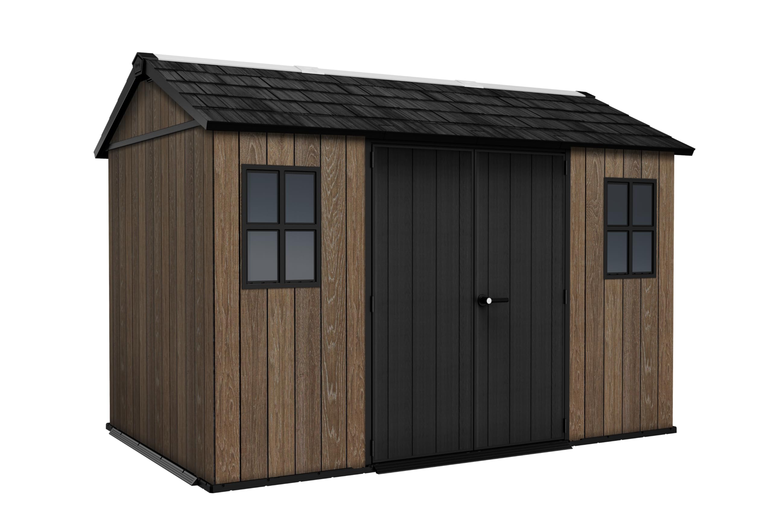 Keter Apex Gerätehaus 7,5x11, Kunststoff Geräteschuppen mit Oberlicht und Belüftung, abschließbar, wetterfest, Walnuss Holzoptik