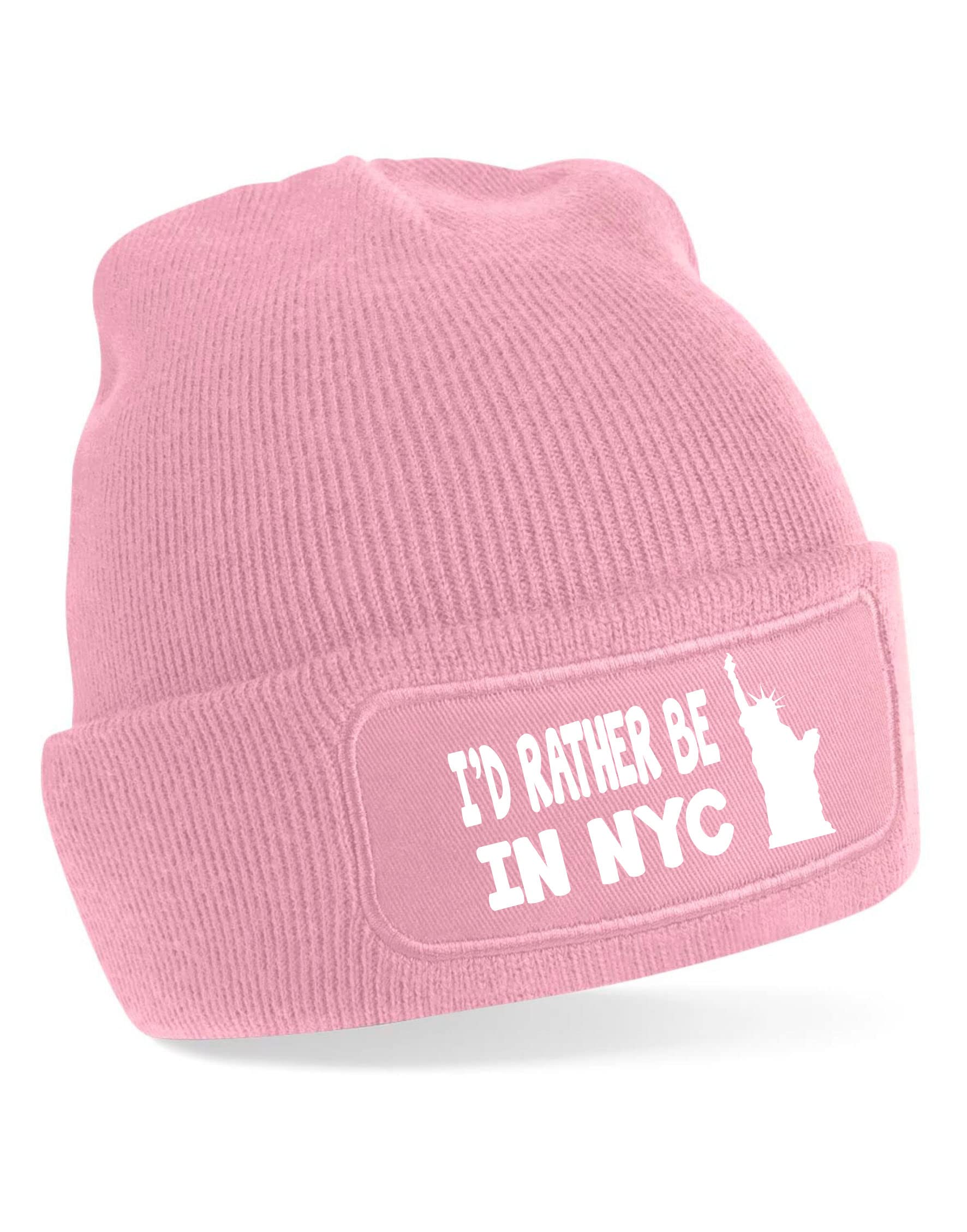 Print4U I'd Rather Be in NYC Beanie Hat Fans of New York Gift for Men & Women Pink