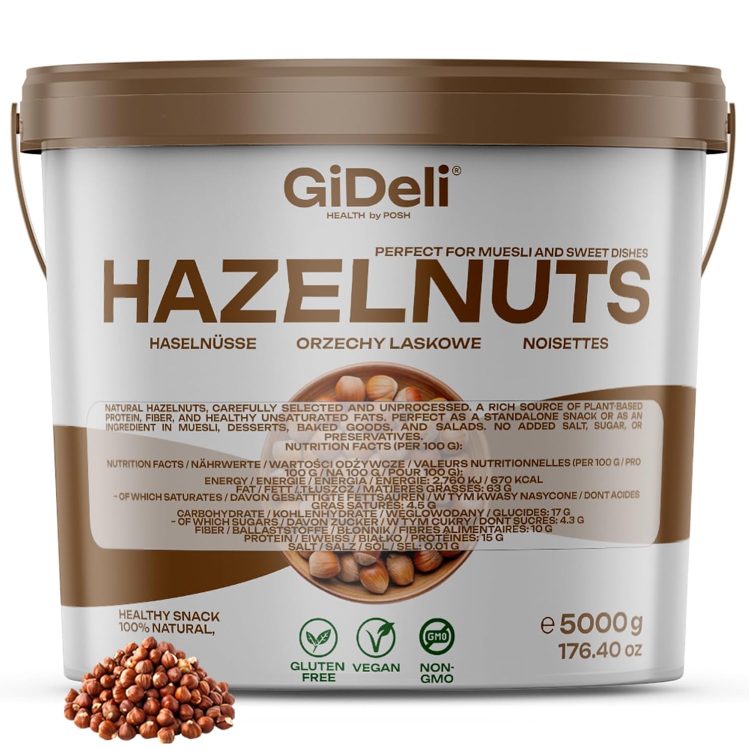 GiDeli haselnüsse Ungesalzene 5kg geschält im Eimer als Snack, Backzutat und zum Verfeinern von Speisen roh, naturbelassen
