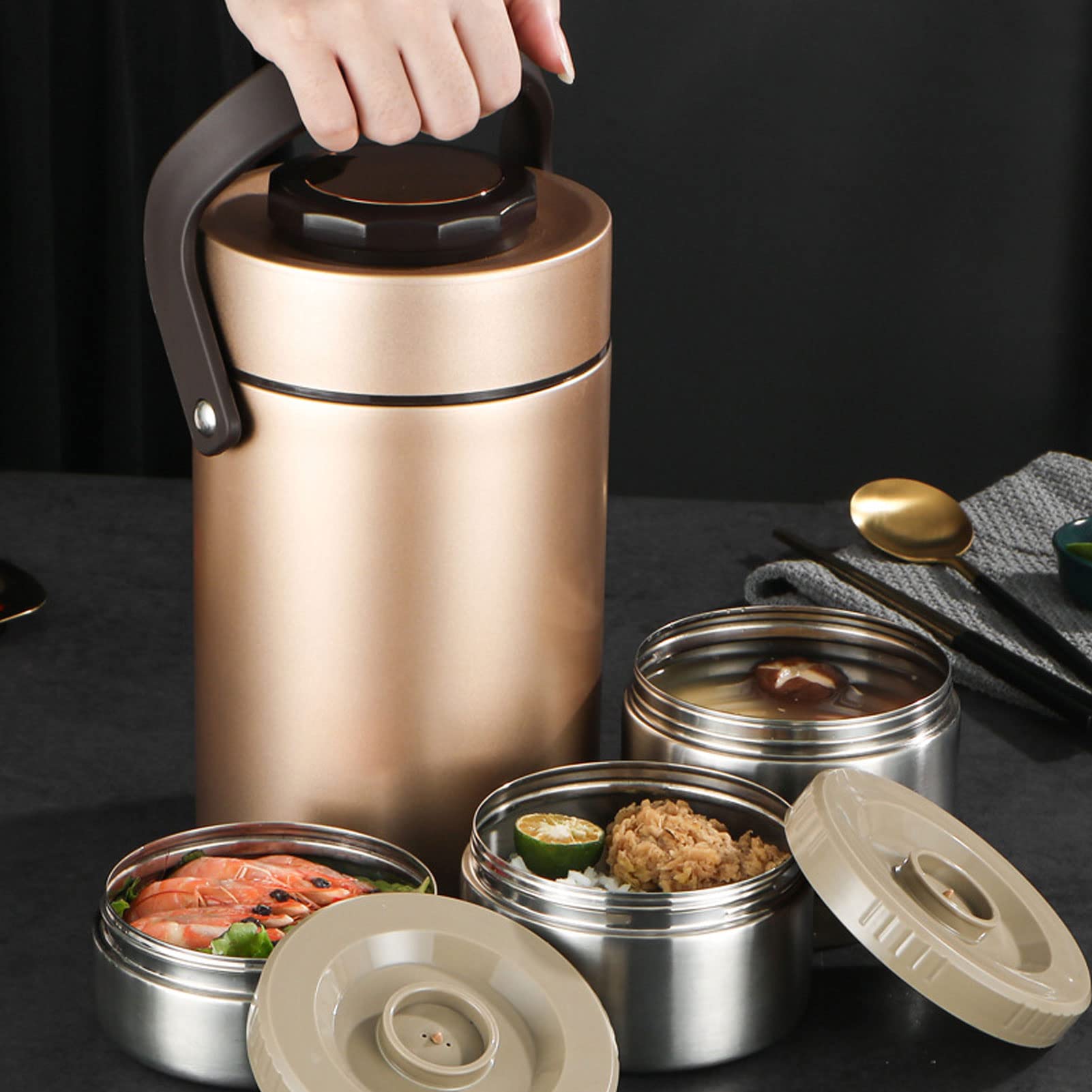 Nikou Contenitore per il pranzo in acciaio inox 304 da 2000 ml, isolamento sottovuoto, contenitore portatile a 3 strati, contenitore per il pranzo di grande capacità, finitura oro