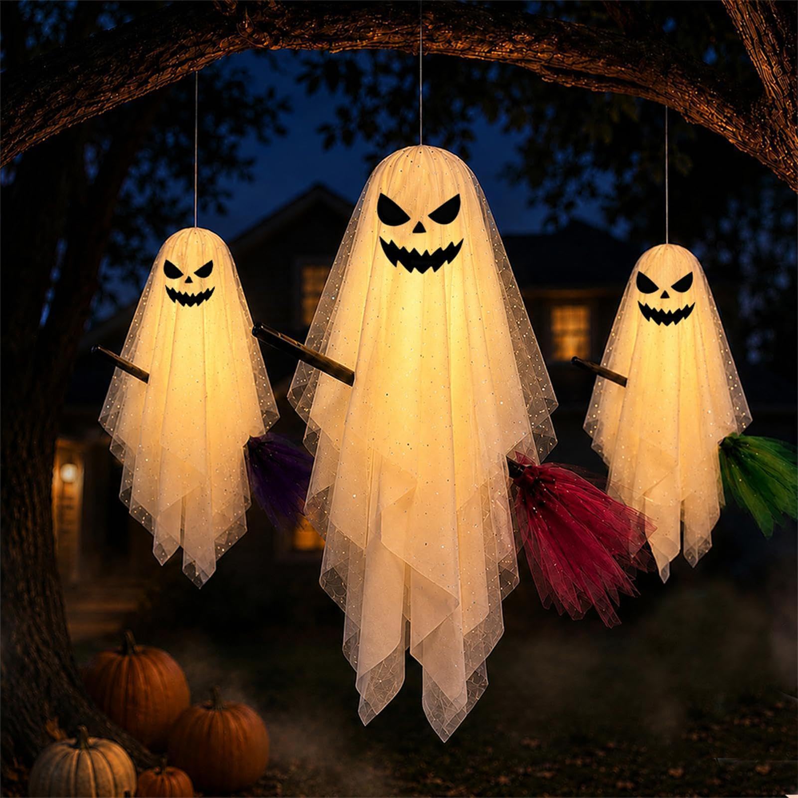 Dekoracja Ducha 3 Sztuki Latających Strasznych Duchów z Wbudowanymi | Dekoracje Ogrodowe Na Halloween Z Miotłą na cmentarz, drzewo, ganek, patio, ogród i przyjęcie