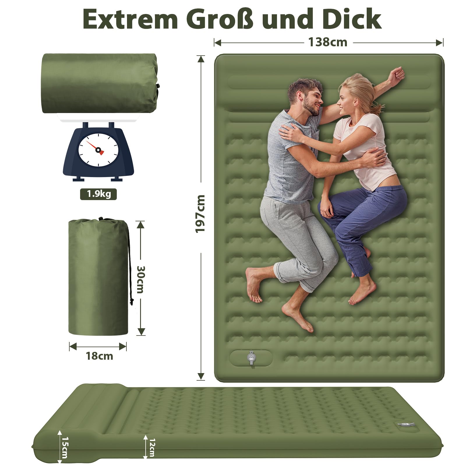 Isomatte Feldbett 12-15CM Extra Dicke verstärkte Stützstruktur mit Integrierter Fußpumpe und Kissen luftmatratze Camping Matratze Aufblasbare für Zelt, Wandern und Reisen