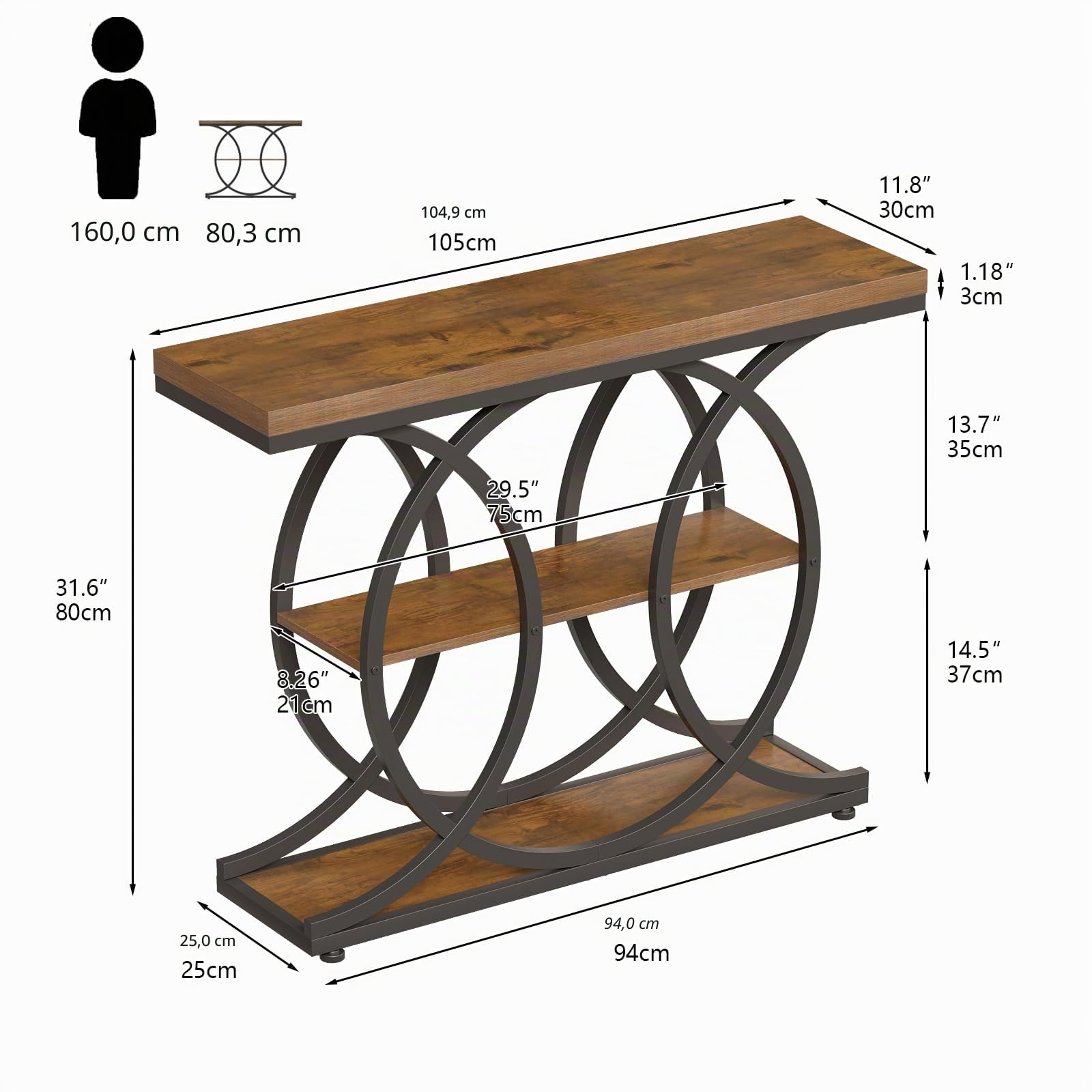 Tohomeor Table console étroite pour le couloir 105x30, Table de canapé industrielle à 3 niveaux avec base ronde, Table d'appoint en bois avec compartiments de rangement pour salon, couloir, entrée