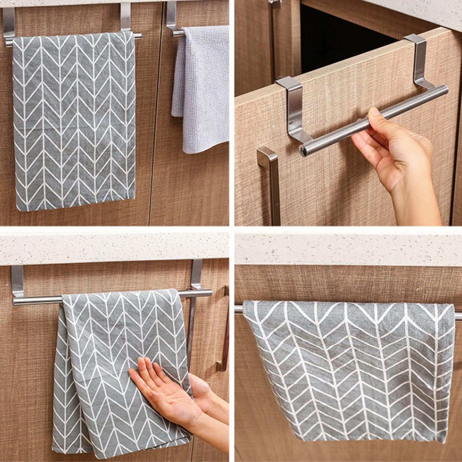 Stainless Steel Kitchen Towel Holder, Cupboard Door Towel Rack Bar Holders for Kitchen Cabinet Towel Rag Rack Over Door Towel Bar Hanger, Silver (9 inch)