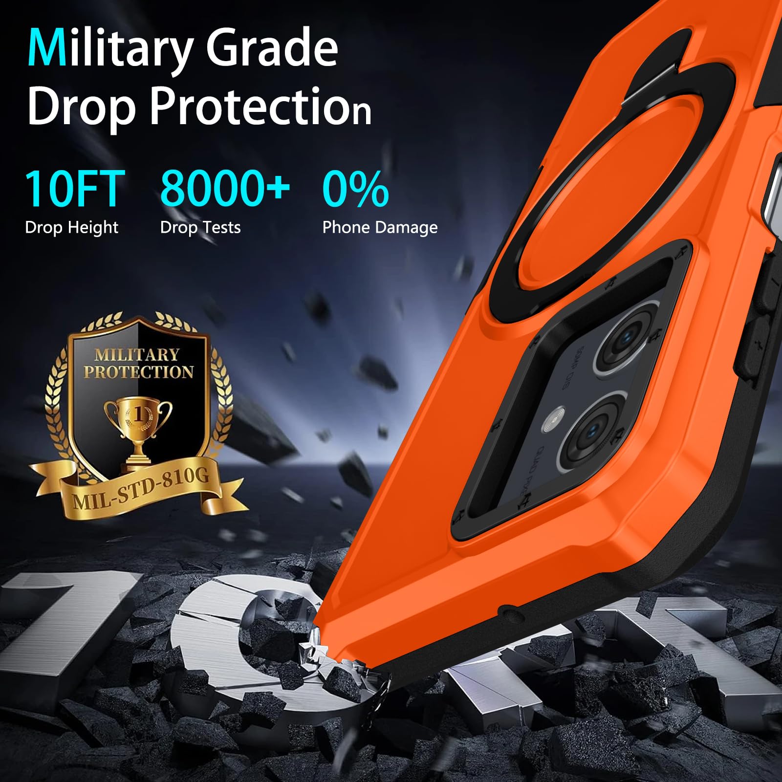 BIOPLJ Case for Motorola Moto G54 Heavy Duty Case with Tempered Glass Armor Shockproof Case 360 Ring Stand Camera Protector Case Motorola G54 Cover (Orange B)