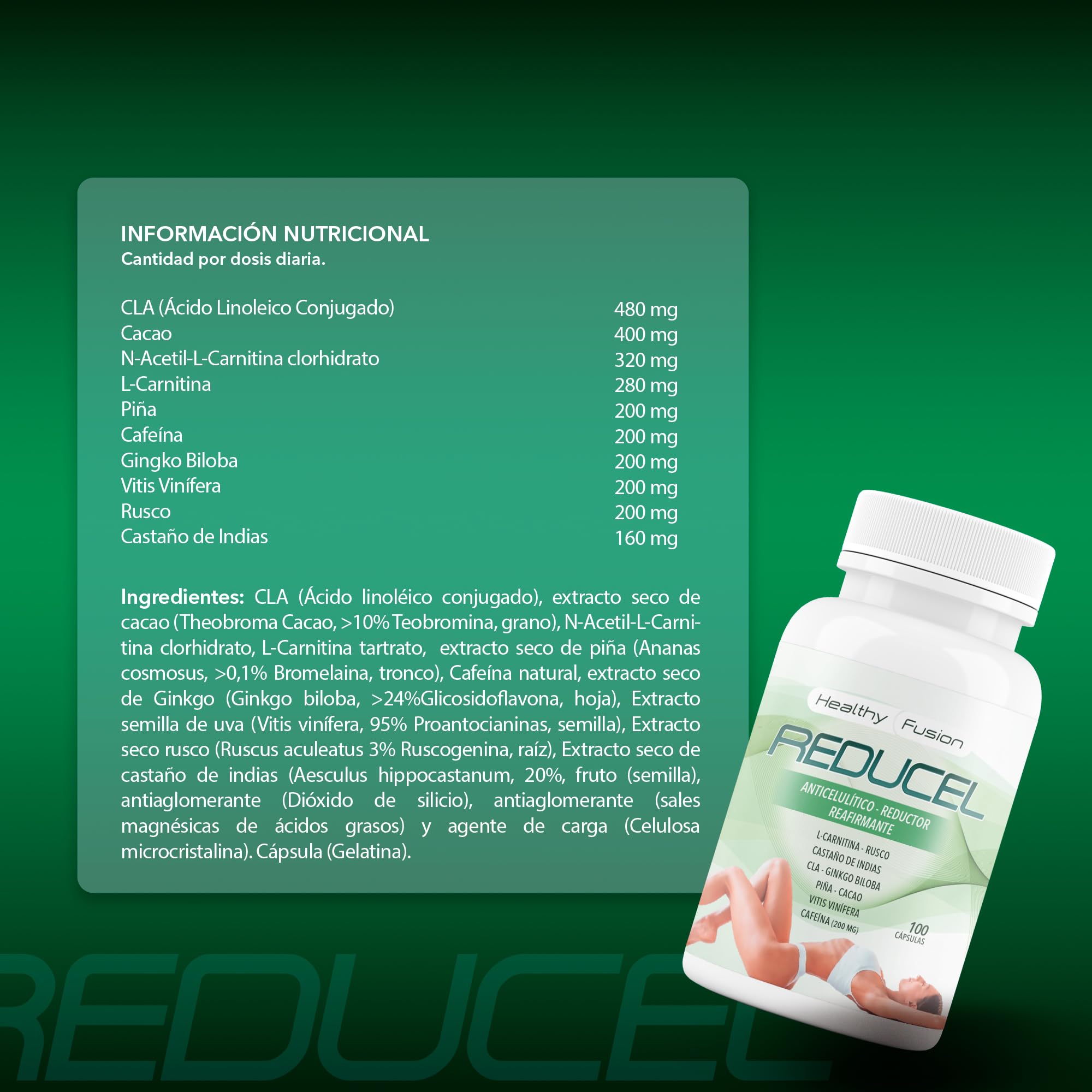 Reducel Potente Reafirmante Anticelulítico 100 Cápsulas L-Carnitina Cafeína CLA