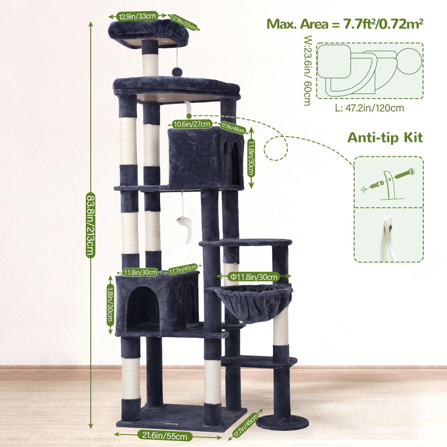 Globlazer Tiragraffi per Gatti XXL, Albero Gatti Grandi Alto 213 cm con 2 Grotte, Grande Piattaforma, Trespoli Imbottiti, Cesto, Torre del Gatto Stabile per Grandi Gatto Adulti (F83, Grigio Scuro)