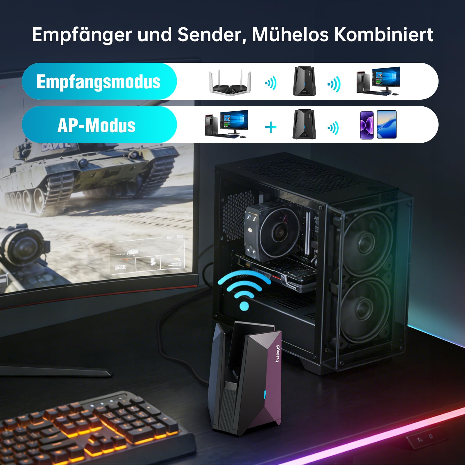 WiFi 7 WLAN Stick für PC, BE6500 USB 3.0 WLAN Stick Tri-Band 6G/5G/2.4G, WiFi Adapter PC mit 3 Antennen Geringe Latenz für Gaming, MLO, 4K-QAM, WPA3, Integrierte Treiber, NUR für Windows 10/11