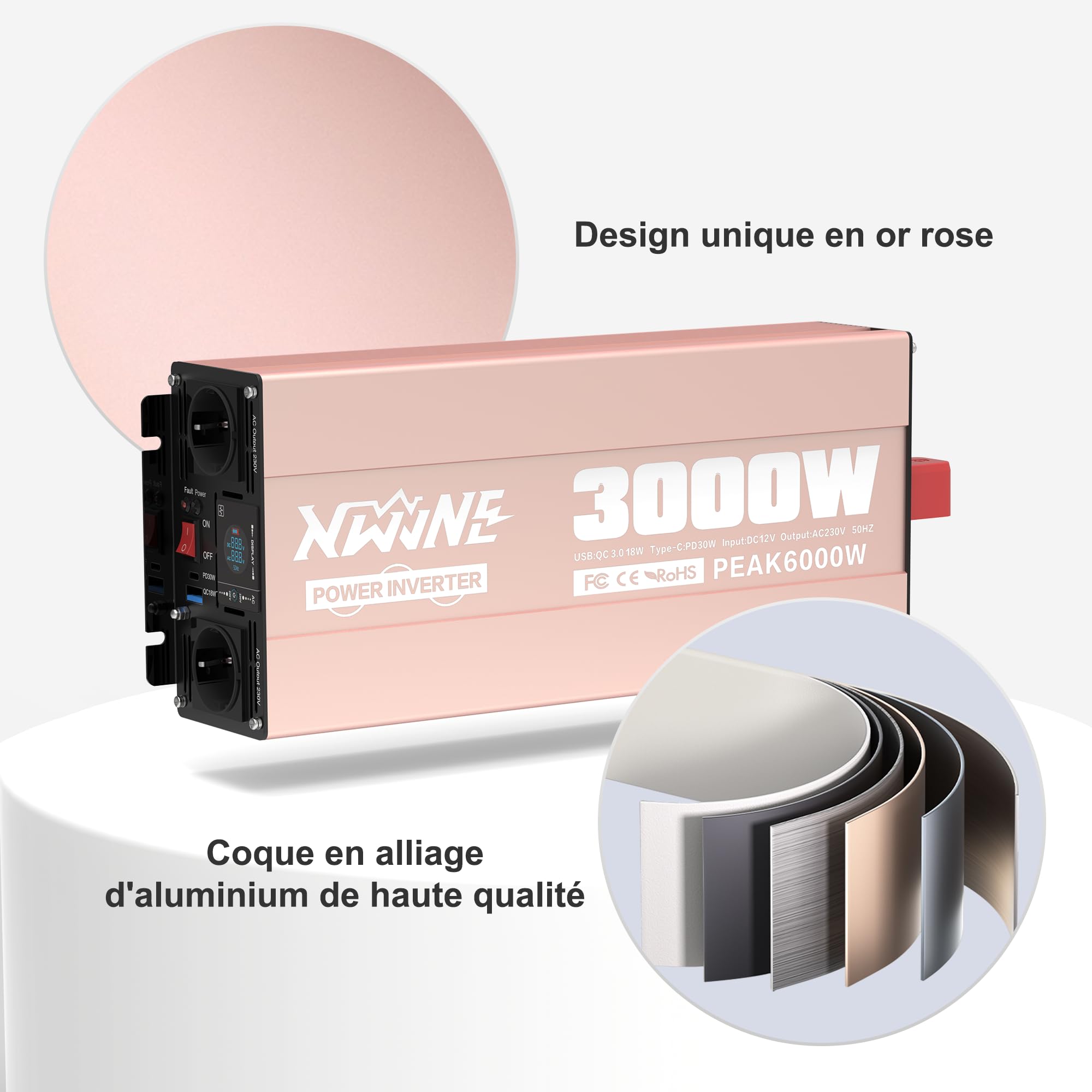 XWJNE 3000W Convertisseur 12V 220V Pur Sinus Transformateur, Onduleur avec 2 Prises UE, 1 USB-A, 1 USB-C, Écran LCD et Télécommande, Convertisseur de Tension pour Voiture, Camping, Voyage, Caravane