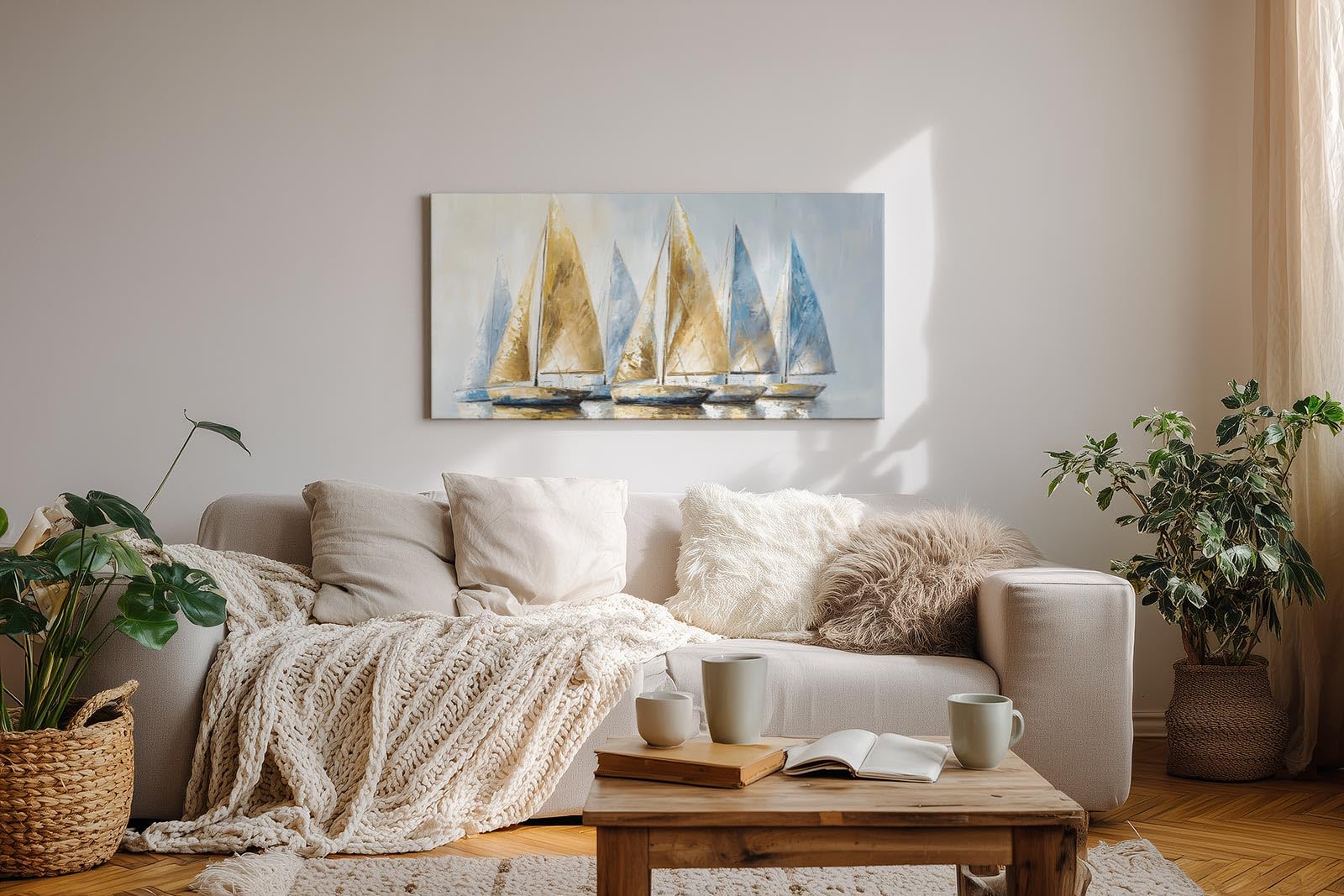 Sinus Art Wandbild 120x60cm Dynamisches Motiv mit sieben Segelbooten in Blau und Goldtönen – stilvoll und maritim zugleich
