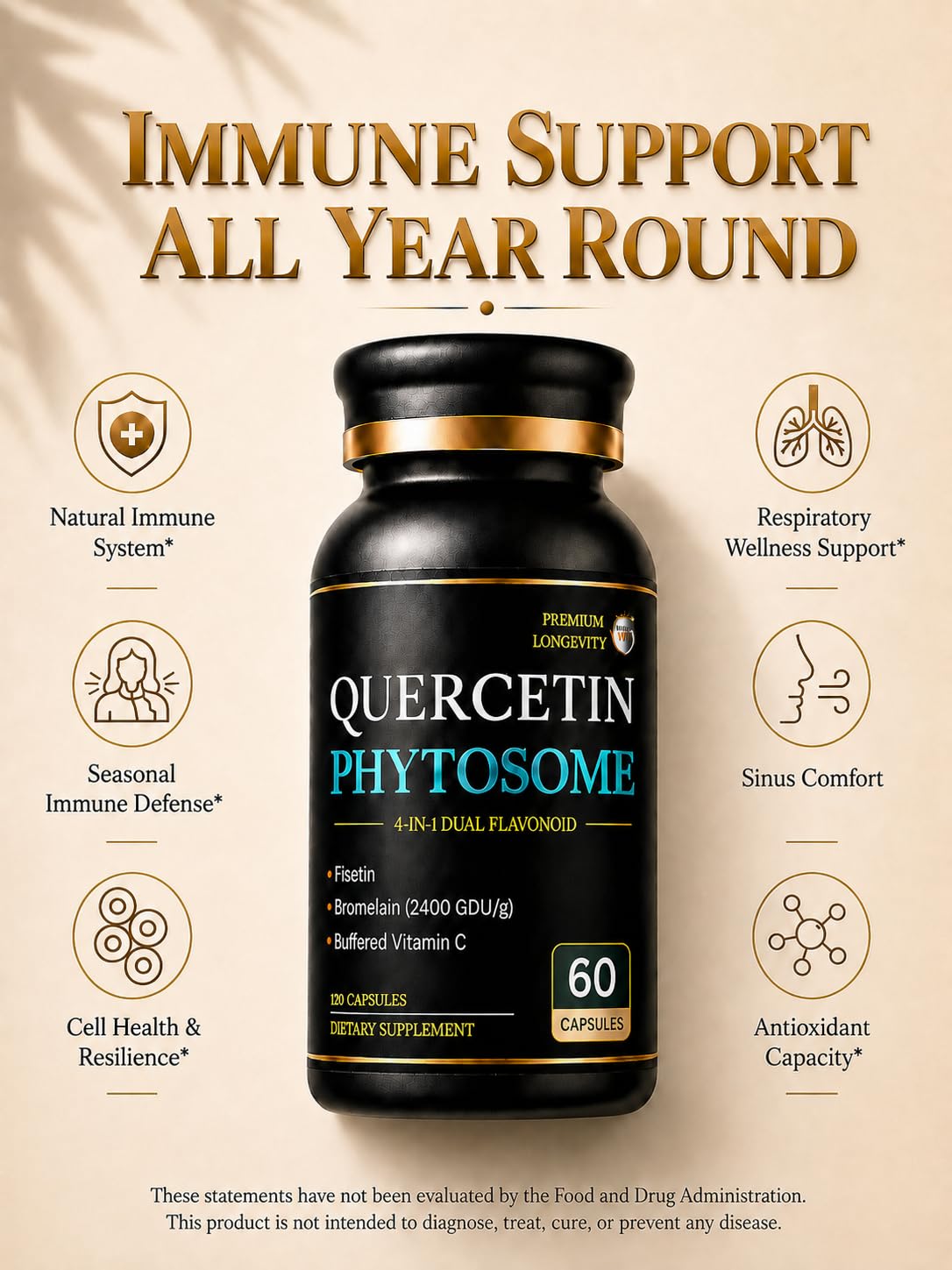 Quercetin Phytosome 500mg 4-in-1 Formula Fisetin Bromelain VIT C 60 Count — Amazon image 3