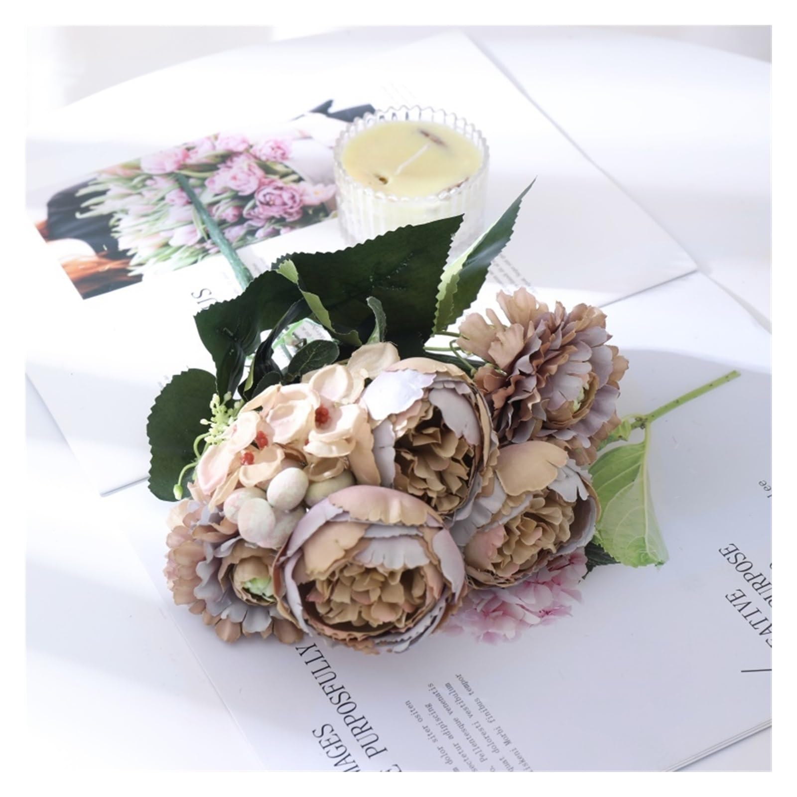 Gv8pA5fj7b Ready Arranged Flowers in Vase White Silk Rose Artificial Flowers Bouquet Wedding Home Decoration Fake Peony Flower Arrangement(A)
