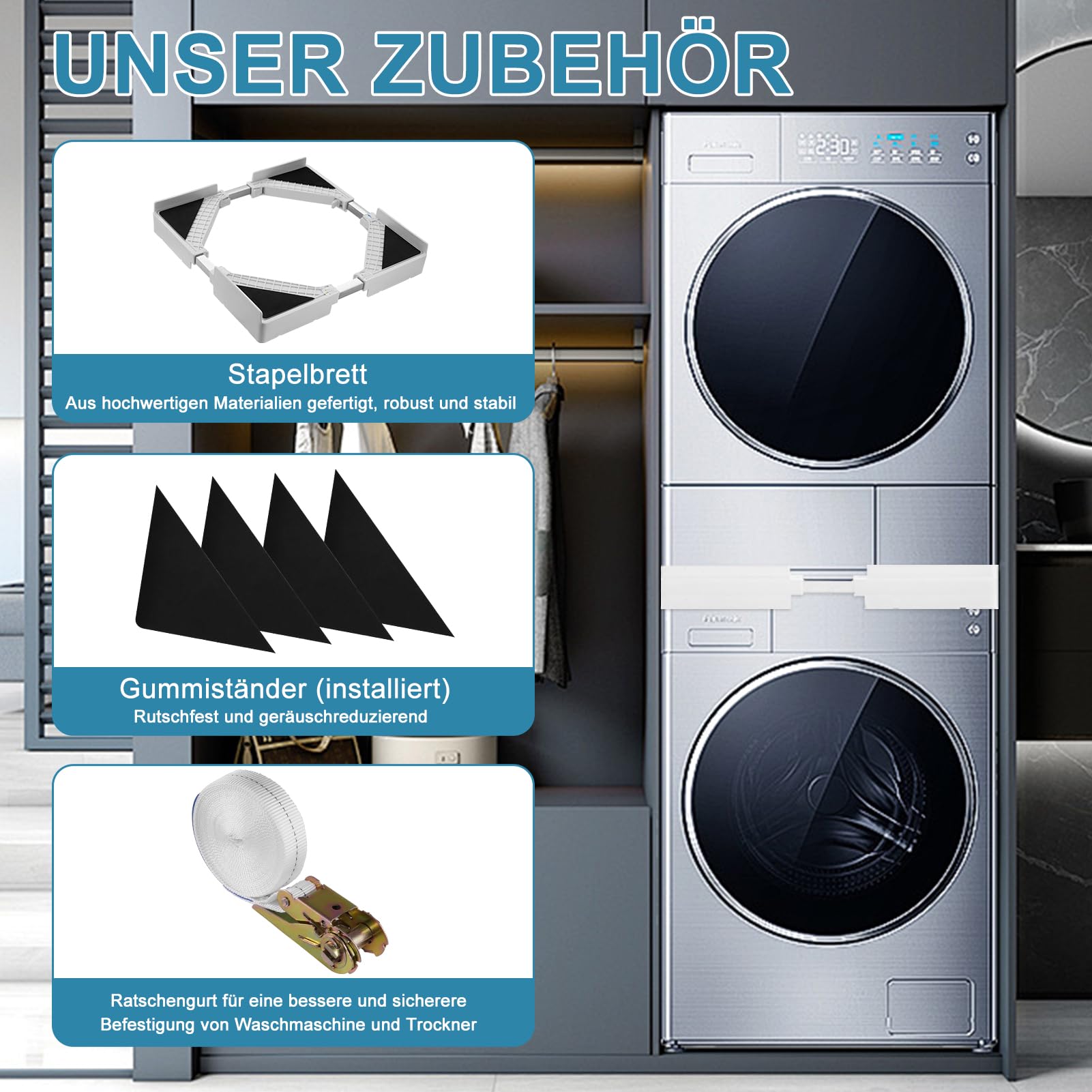 Sararoom Kit de apilamiento universal para lavadora y secadora, kit de marco apilable ajustable con ganchos y alfombrillas resistentes a los arañazos para lavadora secadora de 53-68 cm, ahorro de