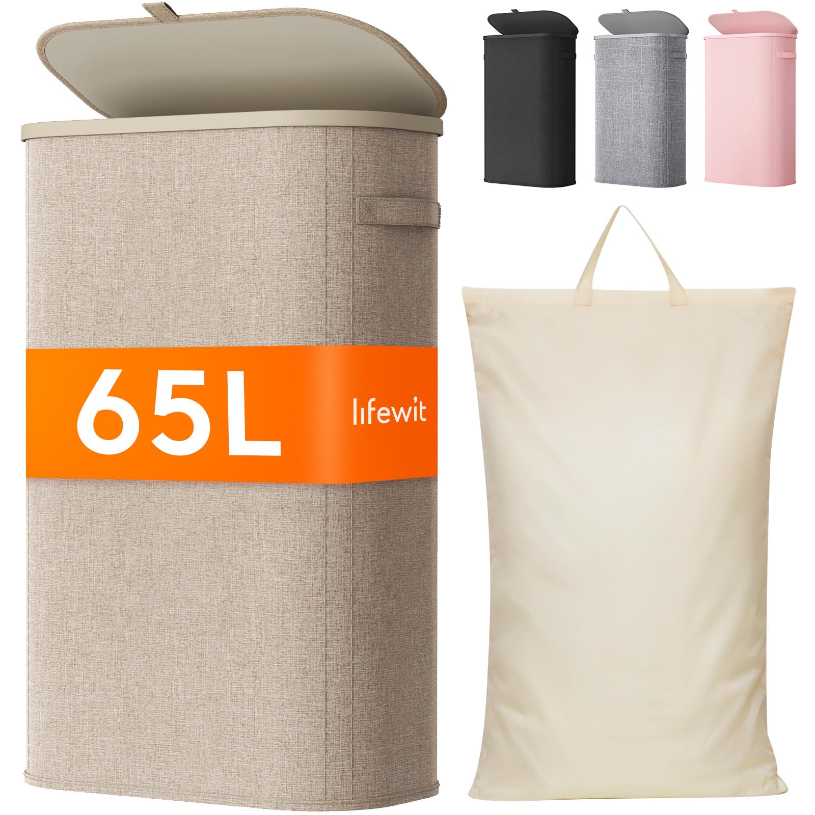 Lifewit 85L Laundry Basket with Lid, Large Laundry Hamper with Plastic Handles and Removable Bag, Foldable Tall Dirty Clothes Hampers for Laundry for Laundry Room, Bedroom, Bathroom, Dorm, Beige — view 14