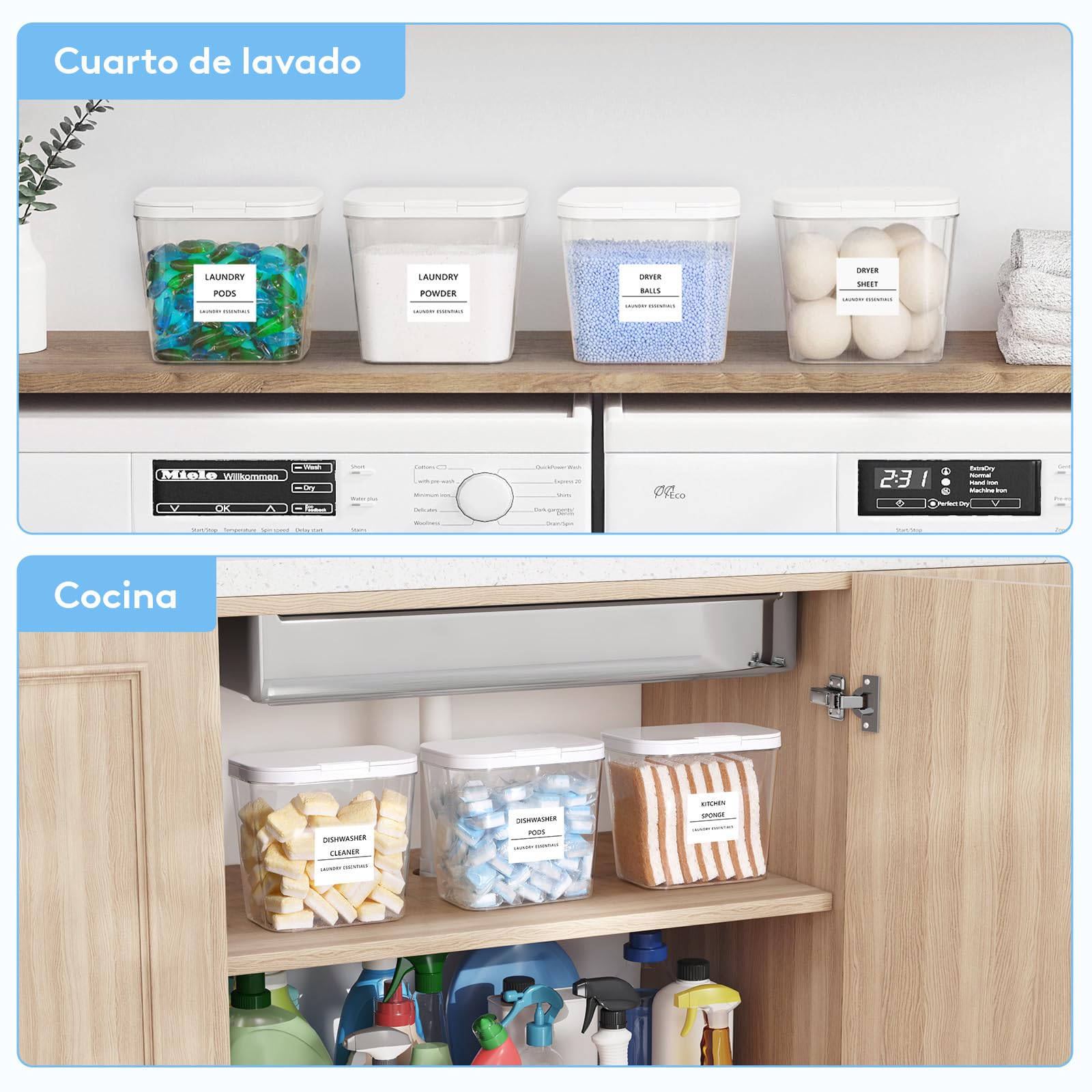 Lifewit Contenedor Detergente Polvo, Lavanderia Organizador, Pastillas Lavadora Caja de Almacenamiento de Plástico, Contenedores para Baño, Dispensador Detergente Lavadora, 2700 ml, 2 Piezas