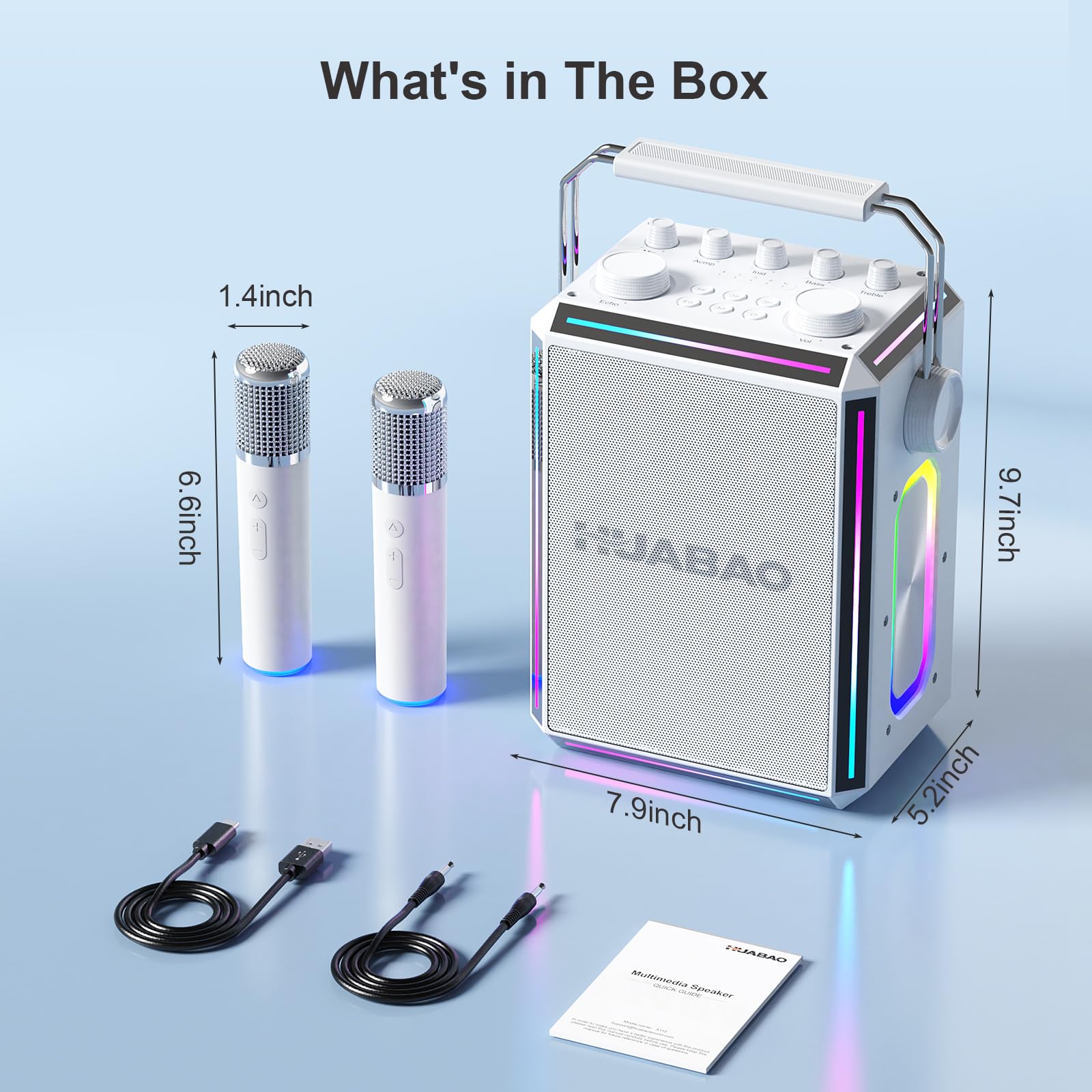 Tragbarer Bluetooth-Karaoke-Lautsprecher mit 2 kabellosen Mikrofonen, RGB-Beleuchtung, Höhen- und Bassregelung, Stimmeffekten, AUX/USB/TF/OTG/6,5-mm-Eingang, Party-Lautsprecher (weiß)