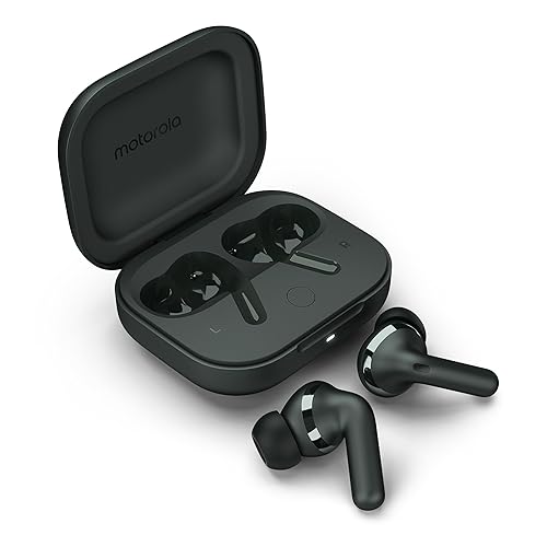 Motorola Moto Buds+ Headphones with Sound by Bose, Dual Dynamic Drivers and Optimal Resolution Sound, Dolby Head Tracking and Dolby Atmos, Dynamic Active Noise Cancellation - Black