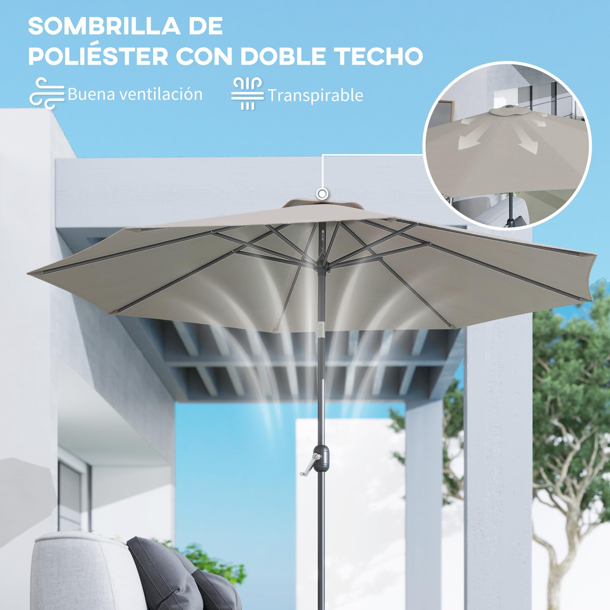 Outsunny Sombrilla de Jardín Ø300x250 cm con Manivela Parasol Exterior con Mecanismo de Inclinación y Poste Desmontable de Metal para Terraza Piscina Patio