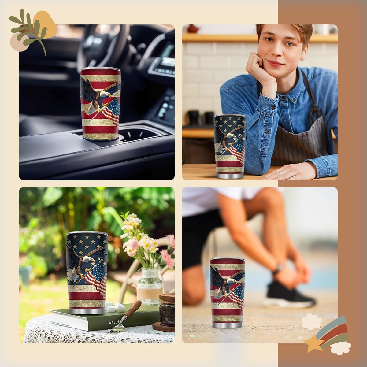 American Flag Tumbler, American Hawk Tumbler, 20 Oz USA Flag Tumblers with Brush & Straw, Gift for Independence Day Thanksgiving Christmas, America Gifts for Veterans & Military, 1 PCS - Image 6