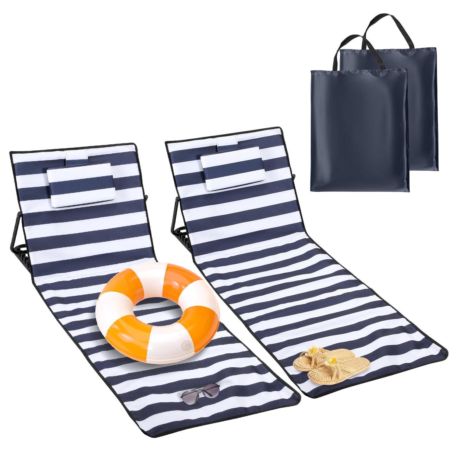 Lospitch Strandliege Klappbar leichtr,2er Set strandmatten gepolstert,Strandliege mit Handtasche,Staufächern,eingebautes Kissen mit 5-Gang-Einstellung (158cm,Blau-Weiß-Streife)