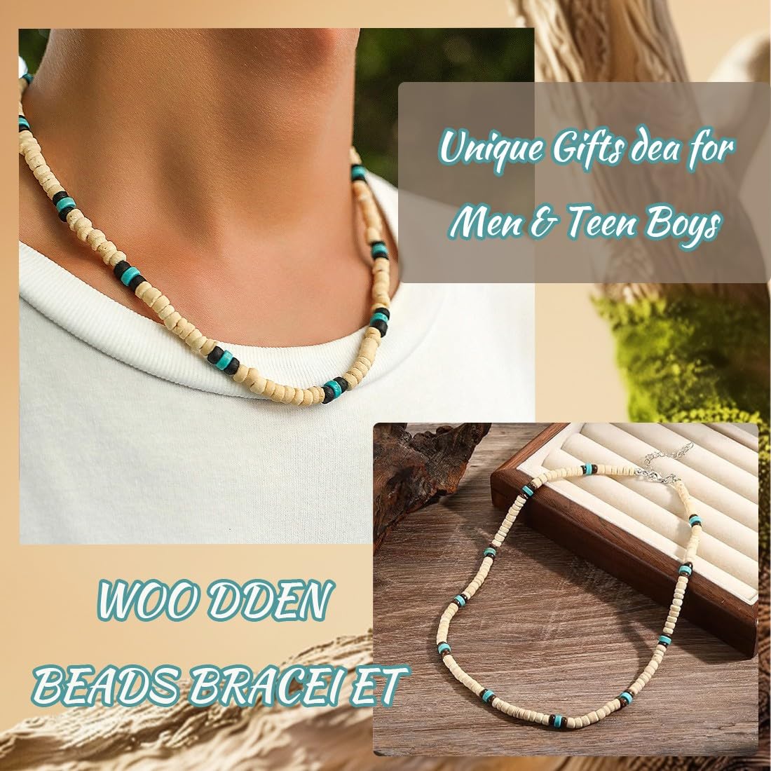 1 Pcs Collana E Bracciale Di Perle, Surf Collana Con Perle Di Cocco Fatti A Mano, Beach Gioielli Da Uomo, Collana Da Surfista Da Uomo, Catena Di Legno Perline Impermeabili, Collana Da Spiaggia
