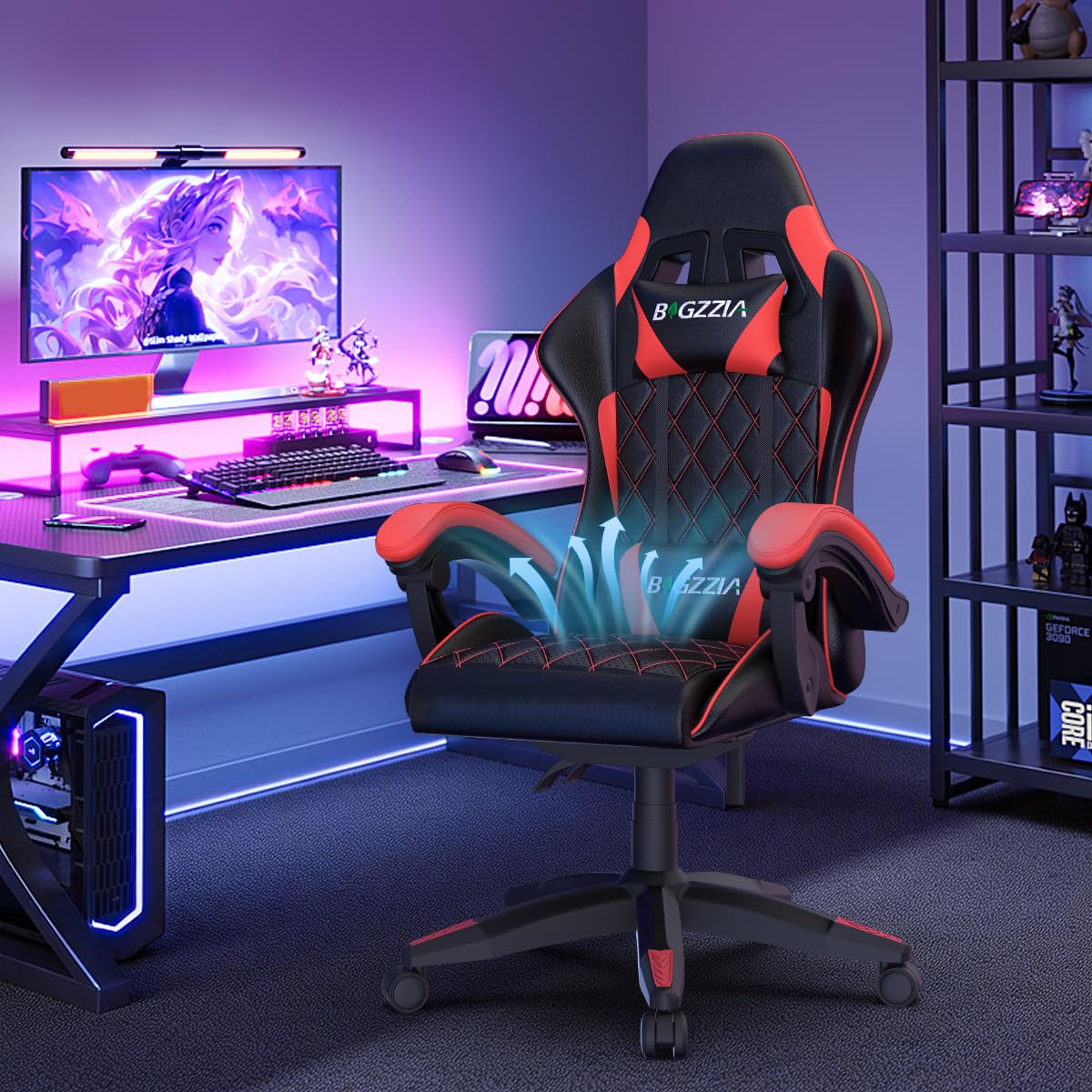 bigzzia Sedie Gaming, Sedie Gaming Ergonomiche con Cuscino Ventilato, Regolazione Angolo 90°-135°, Sedia da Gaming Schienale Alto con Supporto Testa, Ideale per Gaming, Studio e Ufficio (Rosso)