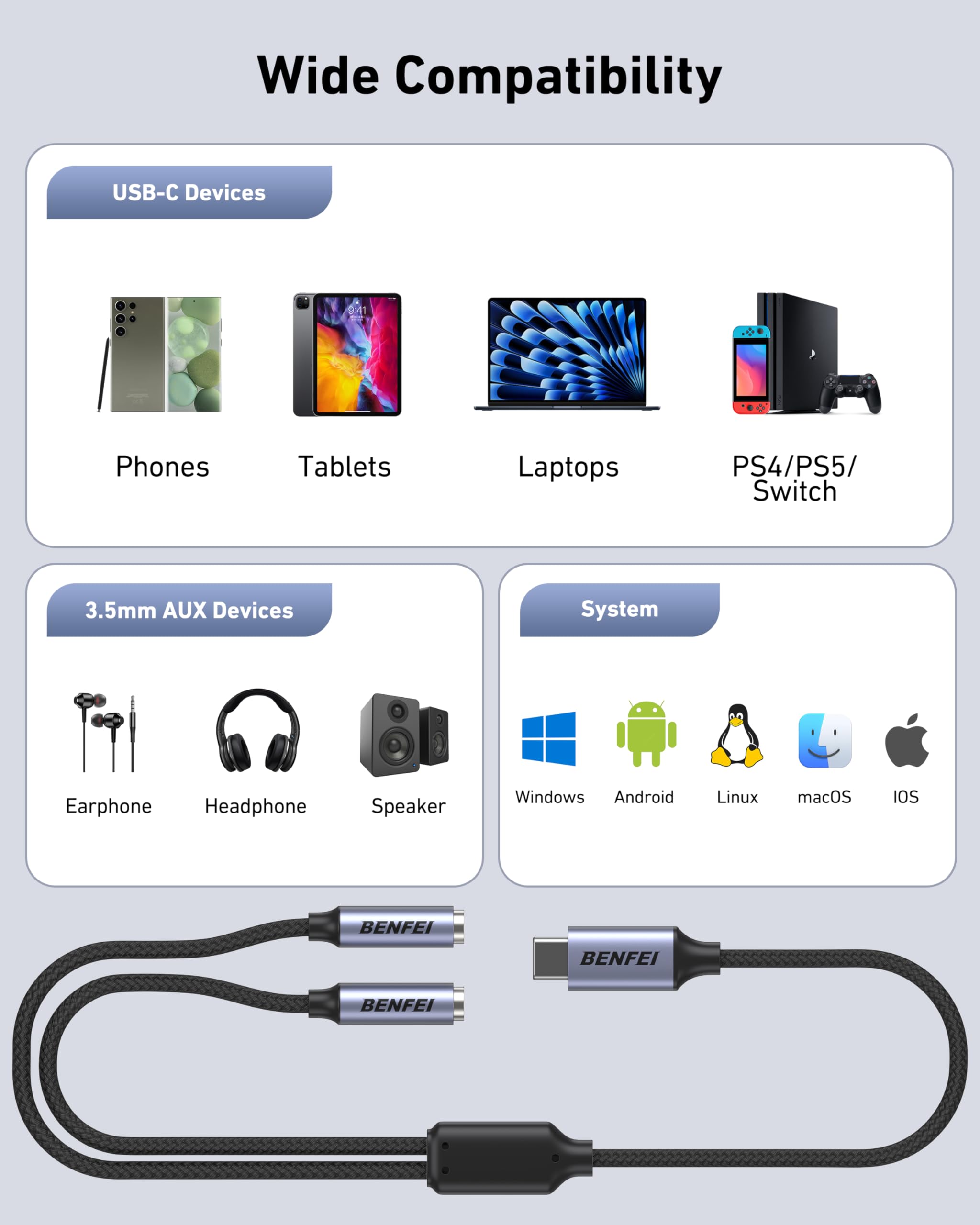 BENFEI Rozdzielacz USB C na Dual 3,5 mm, adapter do słuchawek dla 2 osób – dzielenie się muzyką i filmami, kompatybilny z iPhone 16/15 Pro Max/Pro/Plus, Samsung Galaxy S23/S22, iPad Pro, MacBook itd.