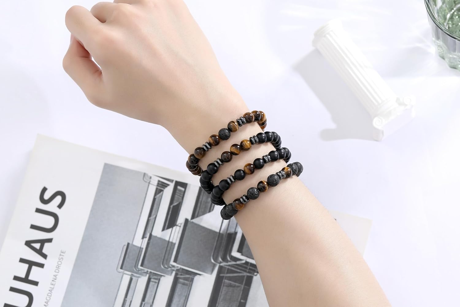 XIANNVXI Mens Beaded Bracelet Set Natural Stone 8mm Beads Bracelets for Men Red Black Bead Stretch Bracelet for Mens - Image 5