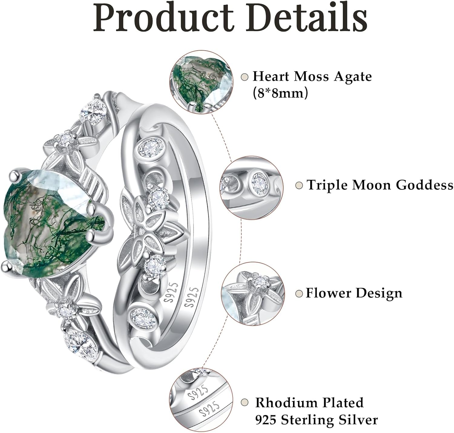 Heart Gemstone Rings 925 Sterling Silver Wedding Rings Moss Agate/Opal/Cubic Zirconia Promise Rings For women Size 5-9
